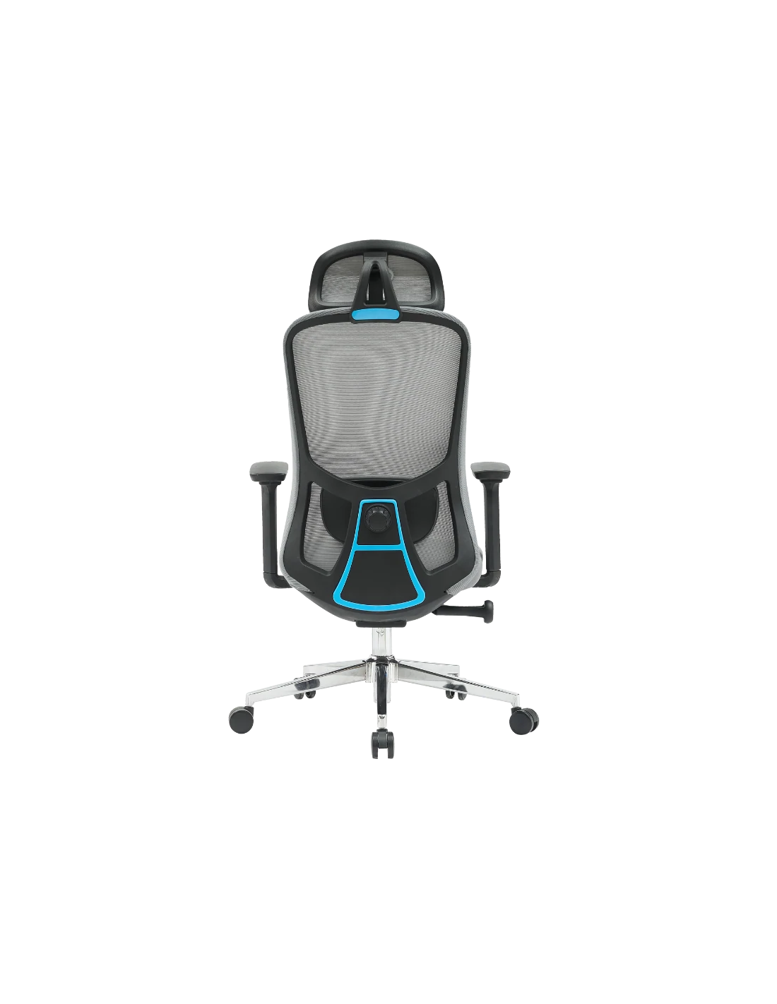 Una silla de oficina con respaldo y reposacabezas de malla. Tiene un marco negro con detalles azules y una base plateada con ruedas.