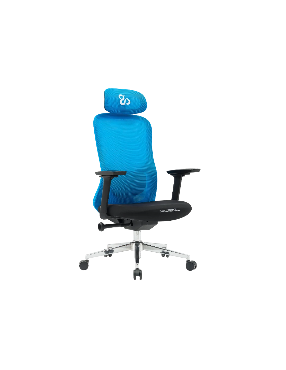 Una silla de oficina ergonómica azul con reposacabezas. Tiene reposabrazos negros y una base plateada con ruedas.