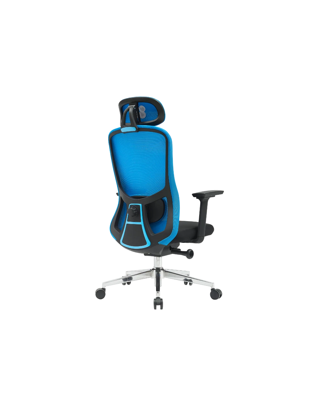 Silla de oficina ergonómica azul y negra. Tiene reposacabezas, respaldo de malla, reposabrazos y base de cinco estrellas con ruedas.