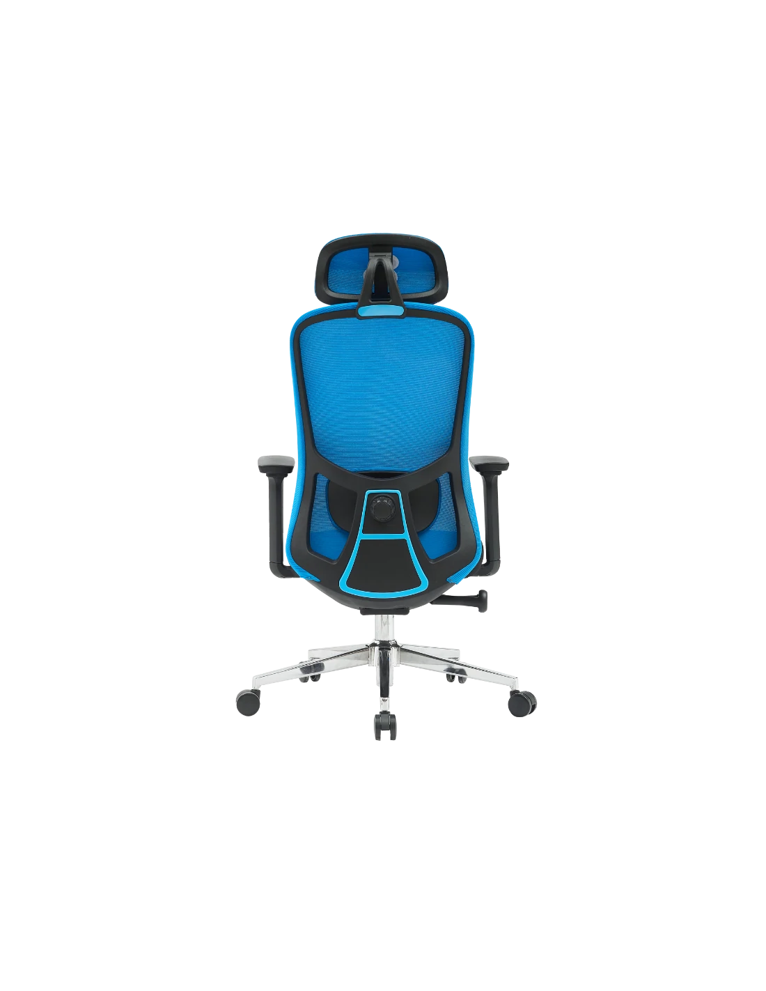Una silla ergonómica de oficina azul y negra con reposacabezas, respaldo, reposabrazos y base cromada con ruedas.