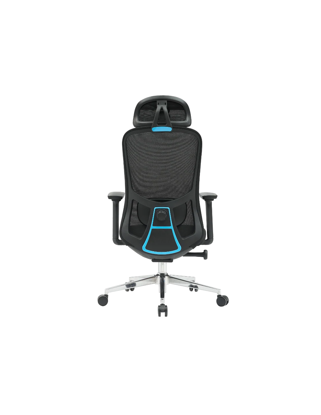 Silla de oficina negra con detalles azules. La silla tiene reposacabezas, respaldo, reposabrazos y base de cinco estrellas con ruedas.
