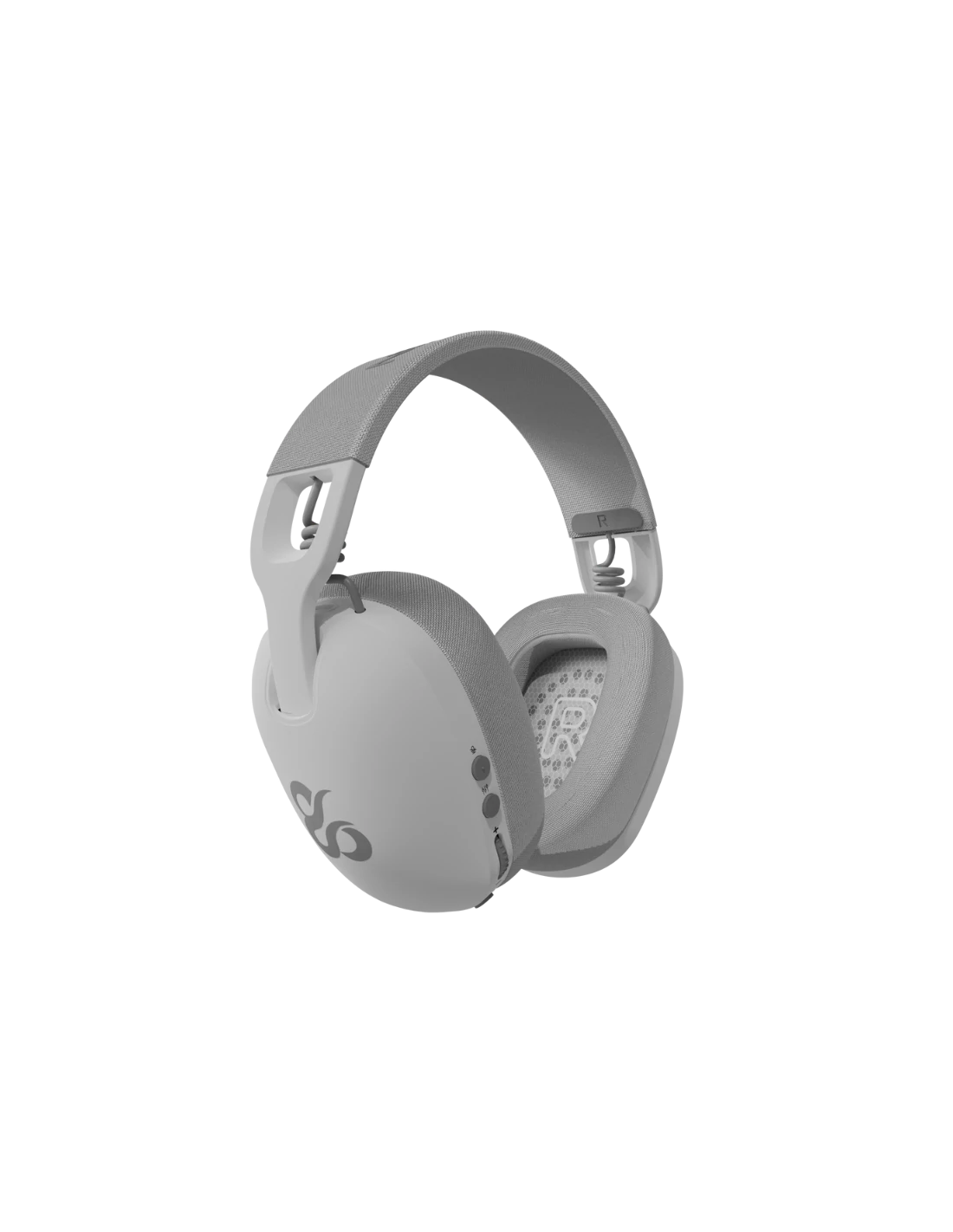 Unos auriculares grises claros, vista en ángulo. La diadema es de tela, las orejeras están acolchadas. El logotipo es visible.