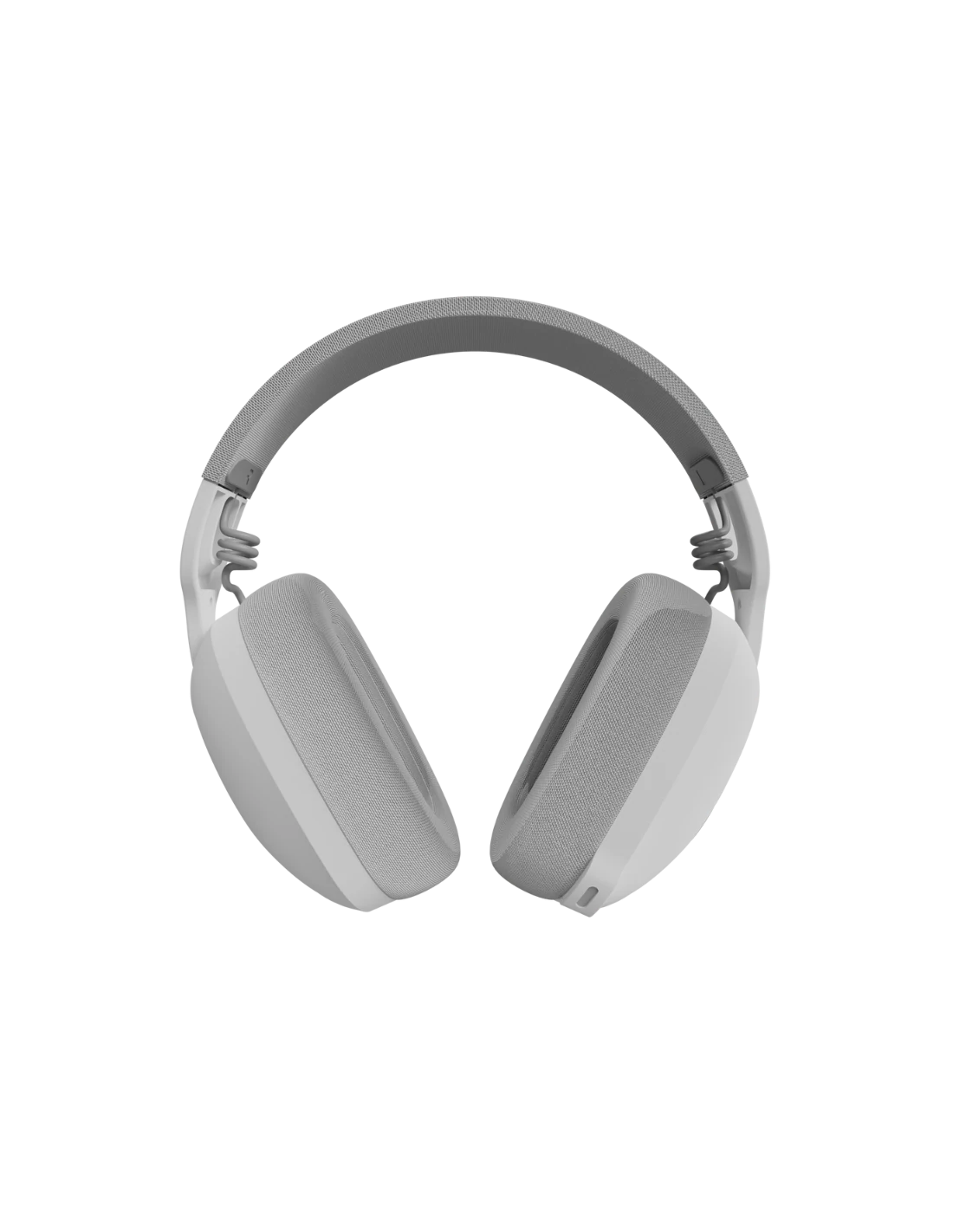 Unos auriculares blancos, con almohadillas y diadema grises acolchadas, sobre un fondo negro.