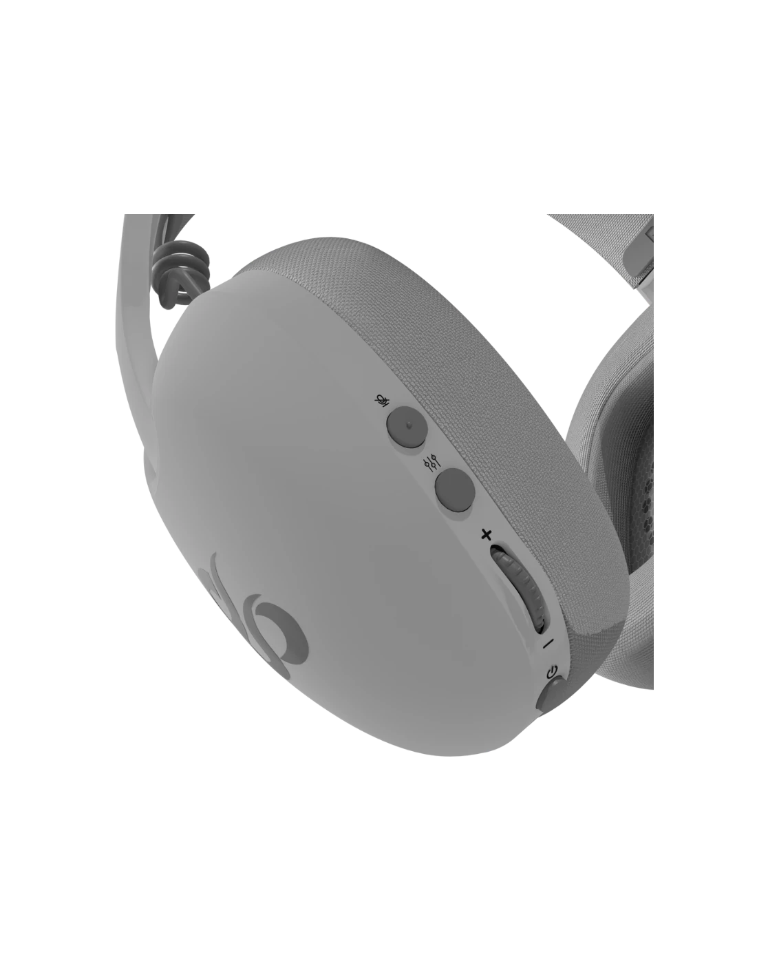 Un auricular gris con botones de volumen y encendido. Tiene un botón de silencio del micrófono y un logotipo.