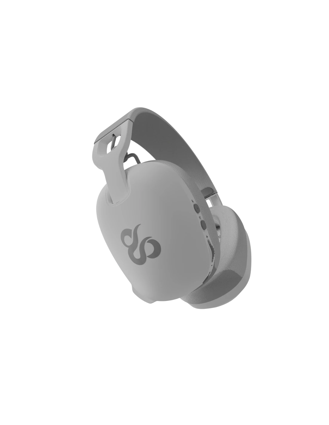 Un auricular gaming gris con un logotipo aislado sobre un fondo blanco y negro, lo que sugiere una foto del producto.