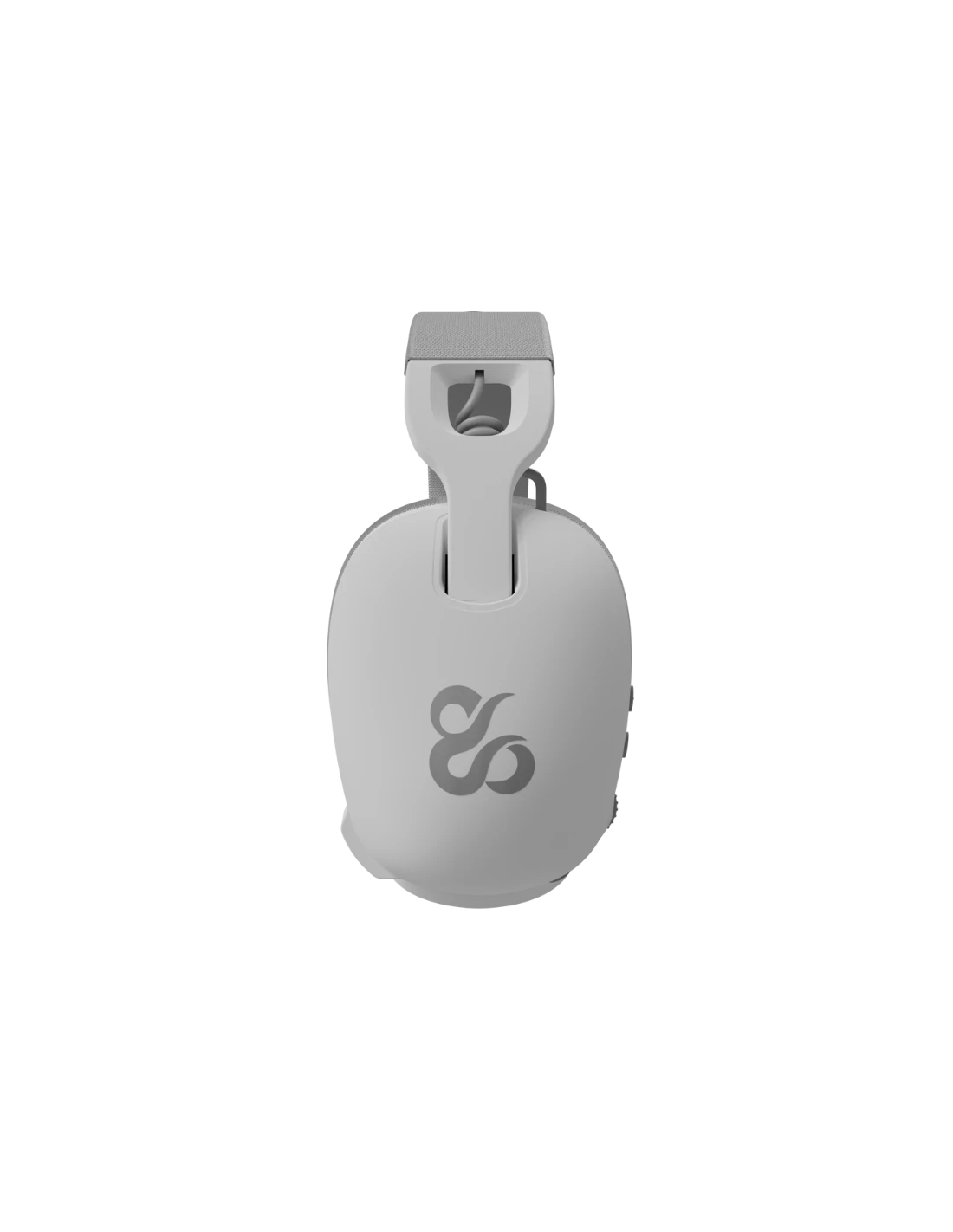 Unos auriculares gris claro, con un diseño curvado, presentan un logotipo en la parte delantera. Tiene una parte superior acolchada y un fondo blanco y negro.