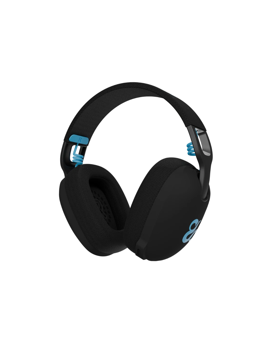 Auriculares negros con detalles azules. Se ve el auricular izquierdo. La diadema es de tela negra. El fondo es negro.