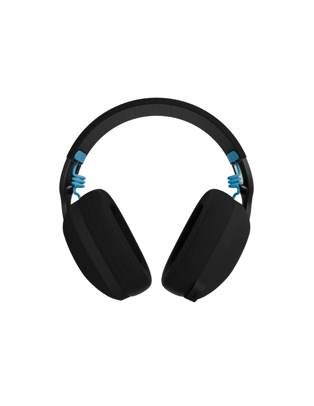 Auriculares negros con detalles azules, almohadillas de tela y diadema acolchada sobre un fondo negro.