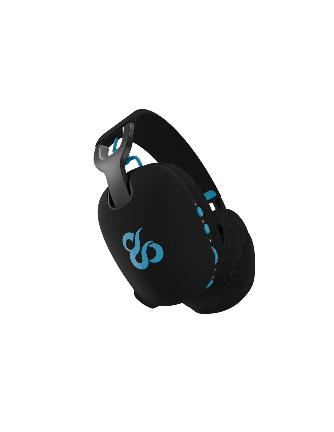 Auriculares gaming negros con detalles azules. Cuenta con un logo azul. Los auriculares son negros y la diadema tiene tela negra.