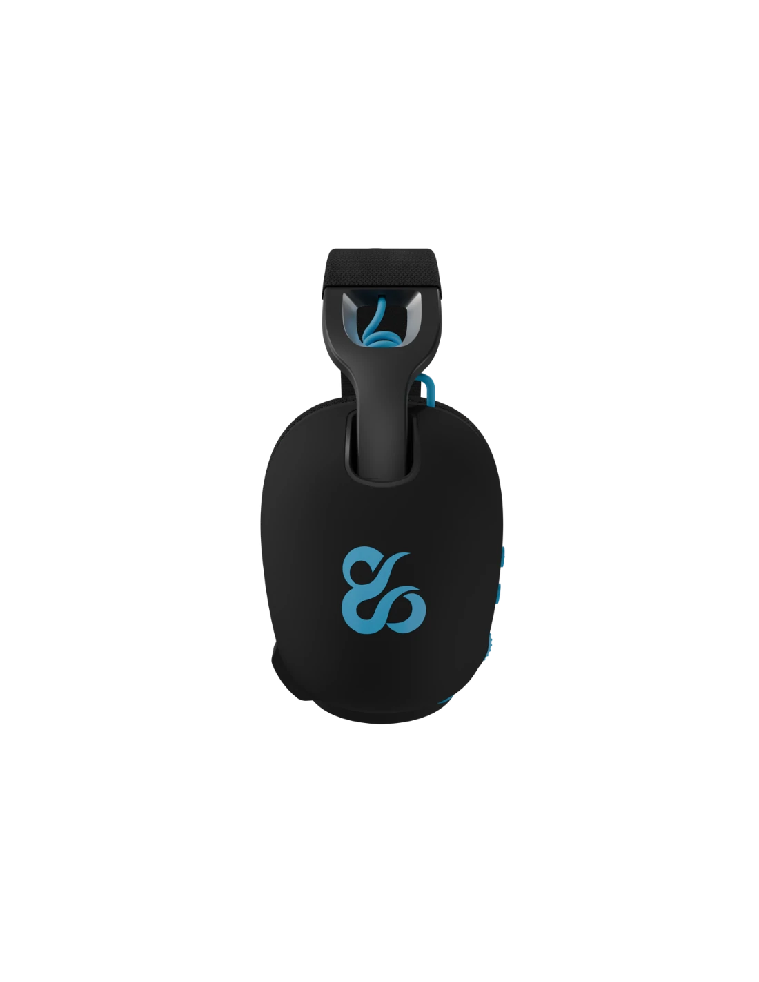 Auriculares negros con detalles azules. La copa tiene un logotipo azul. La diadema es negra y tiene un cable azul conectado.