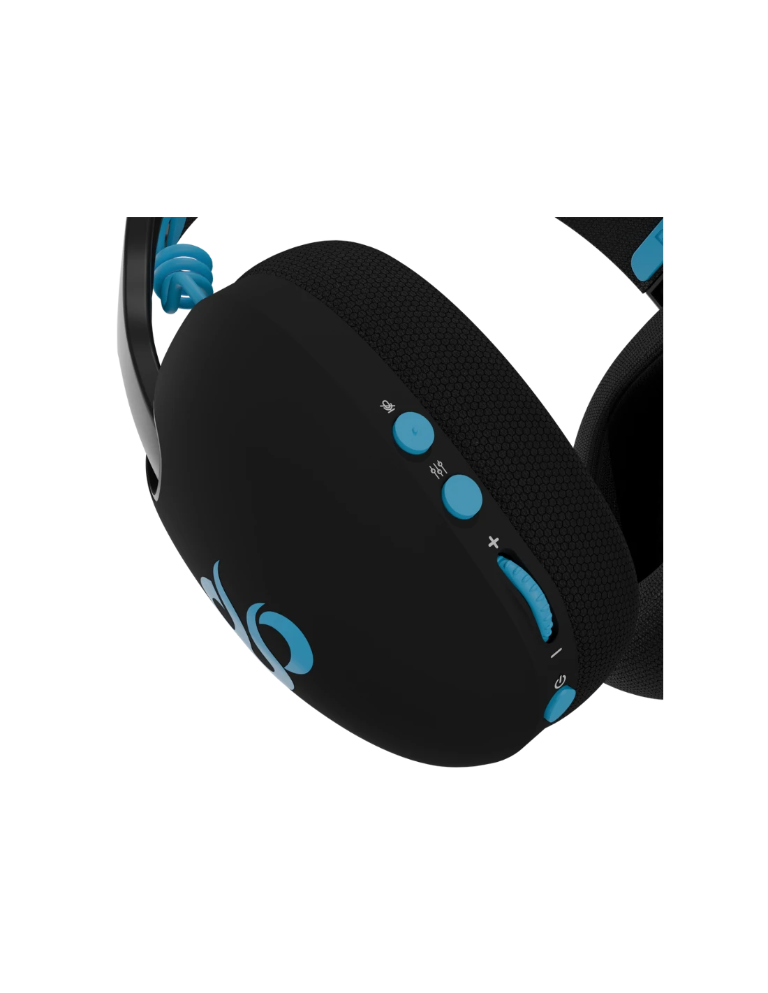 Auriculares para juegos negros y azules sobre un fondo blanco. Tiene controles de volumen y un botón de encendido, y un micrófono.