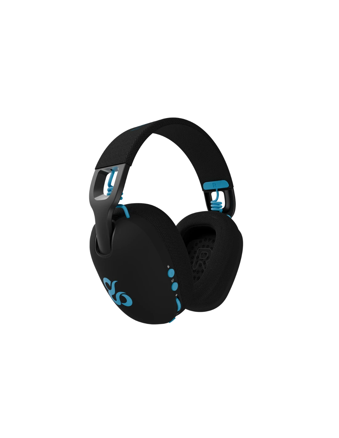 Auriculares gaming negros y azules. Los auriculares tienen auriculares negros, una diadema negra y detalles azules.