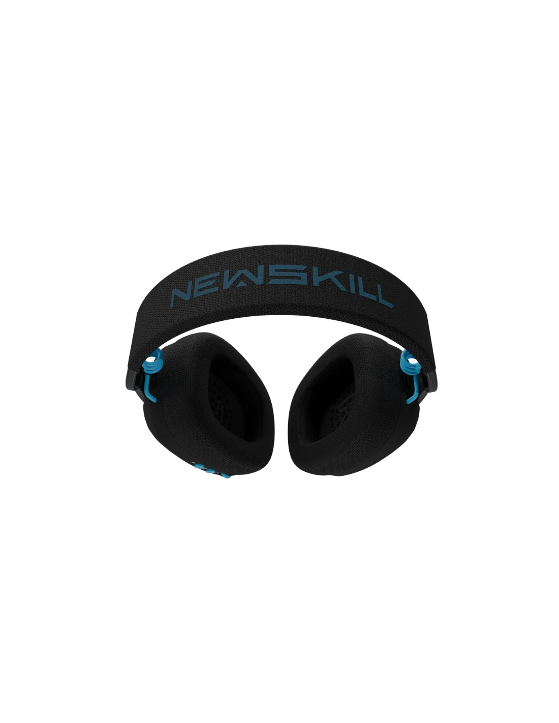 Auriculares negros con detalles azules. La diadema dice 'NEWSKILL' en azul. Los auriculares son negros con un patrón texturizado.