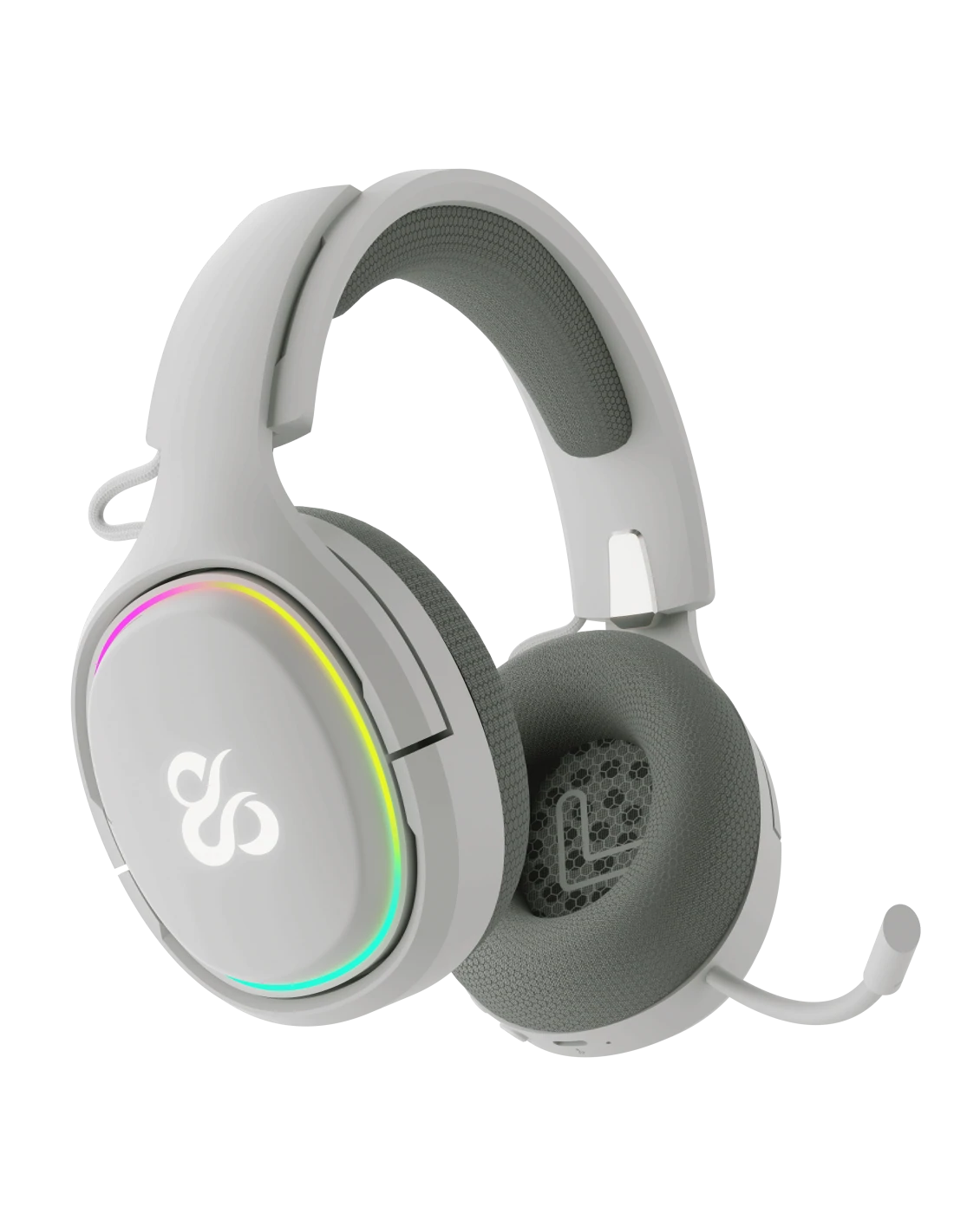 Auriculares gaming blancos con acolchado y almohadillas grises. Cuenta con un anillo de luz arcoíris y un micrófono.