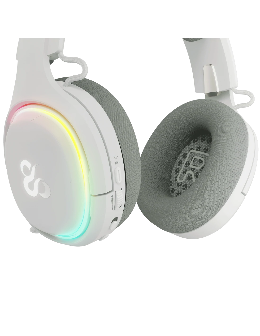 Auriculares gaming blancos con almohadillas grises y luces coloridas. Controles de volumen y logo. Fondo negro.