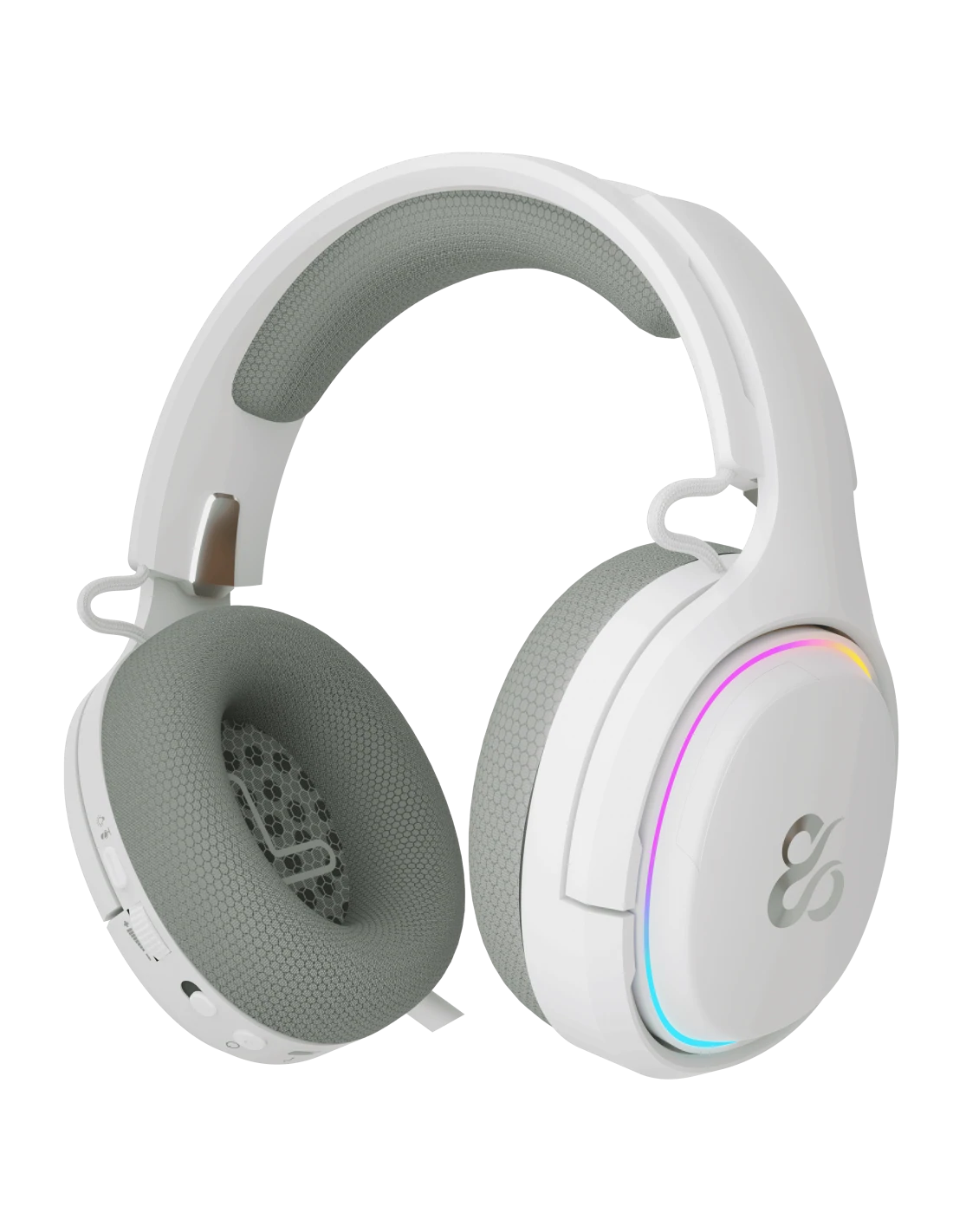 Auriculares para juegos blancos con auriculares y acolchado de diadema grises. Tiene un logotipo en el lateral y una tira de luz de colores.