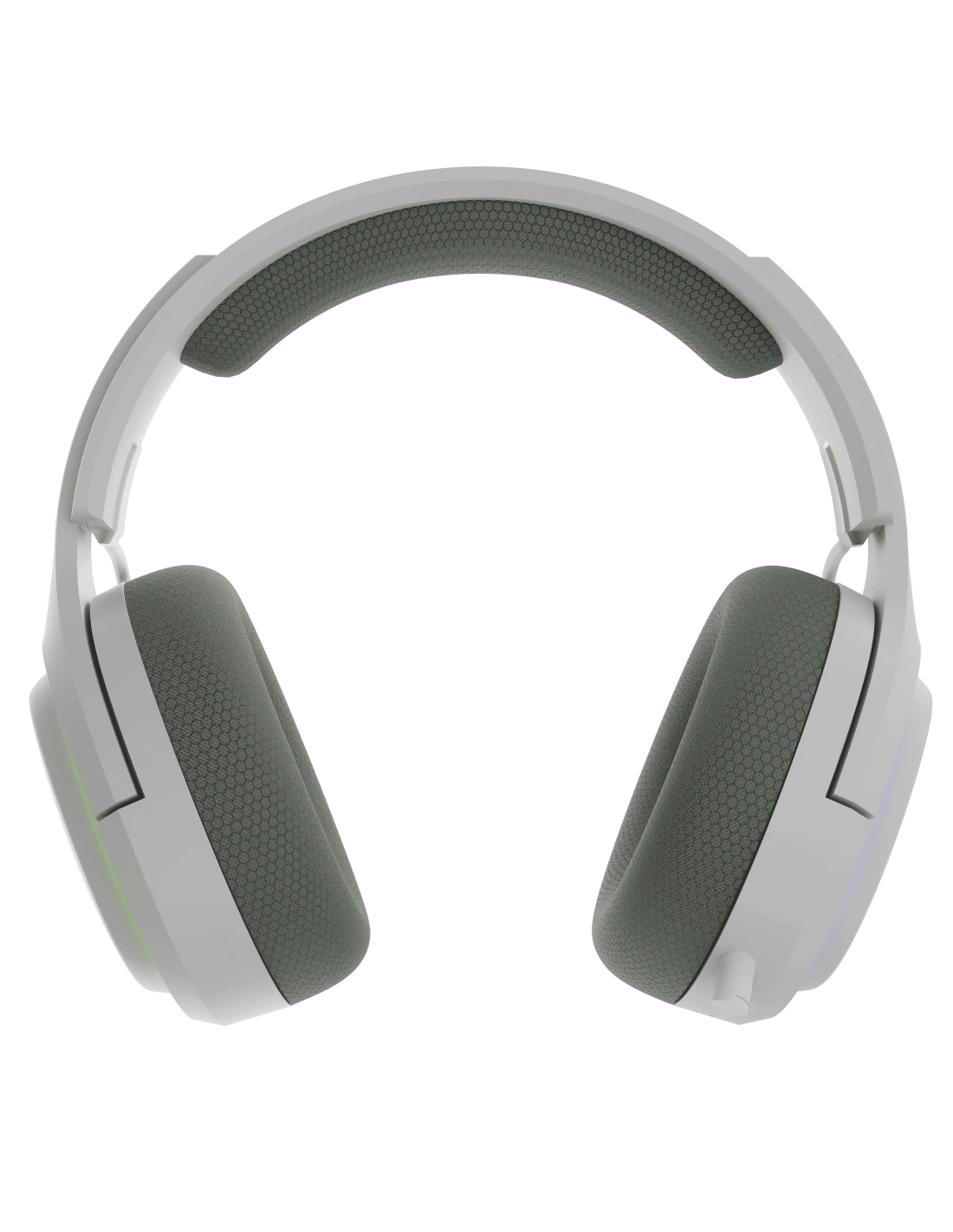 Auriculares gaming blancos con almohadillas y acolchado gris. Acentos verdes y morados en las orejeras sobre fondo negro.