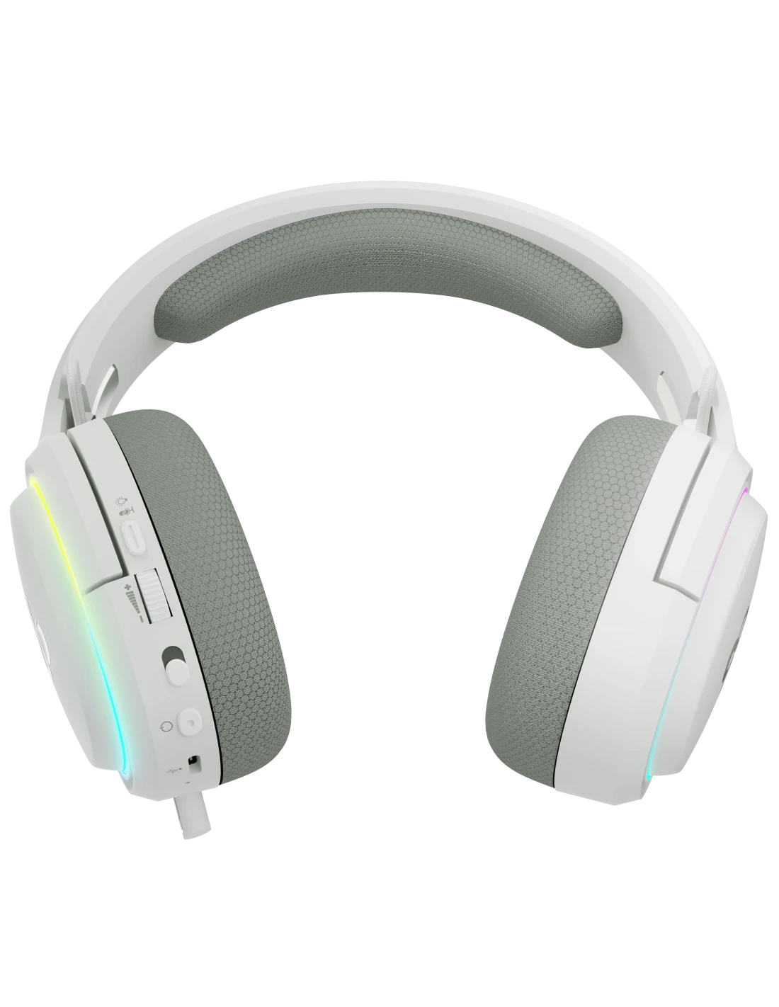 Auriculares gaming blancos con almohadillas grises y acolchado en la diadema. Con controles laterales y detalles de iluminación RGB.