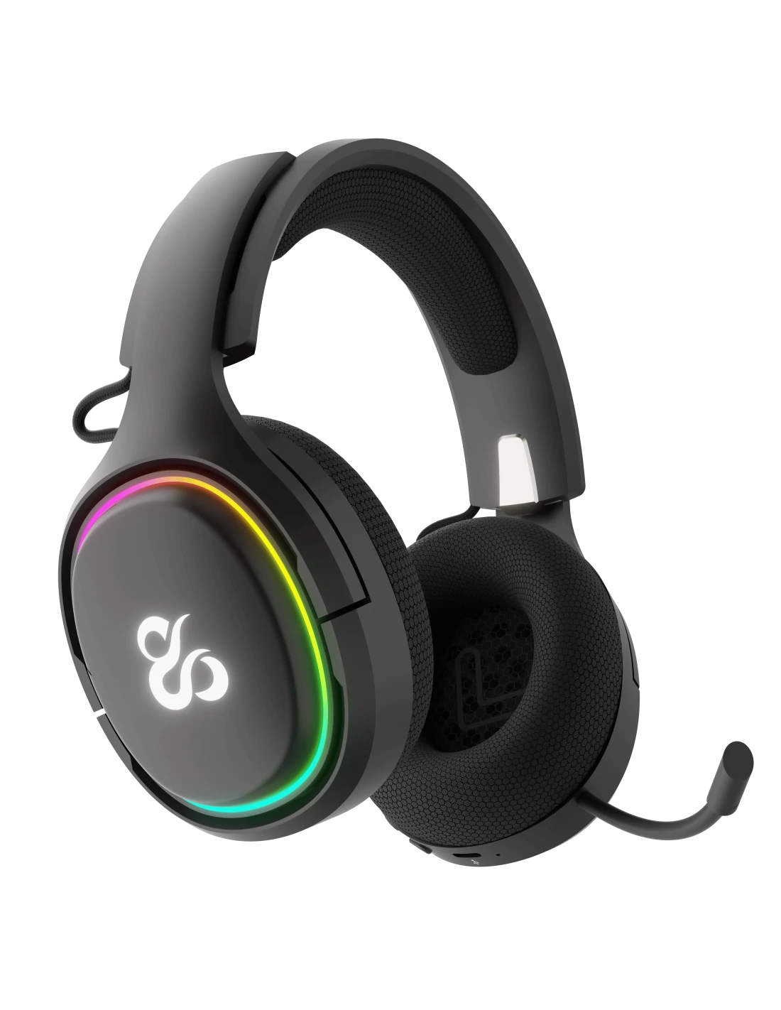 Auriculares gaming negros con luces de arcoíris brillantes en las copas. El auricular tiene micrófono y un logotipo blanco en las copas.