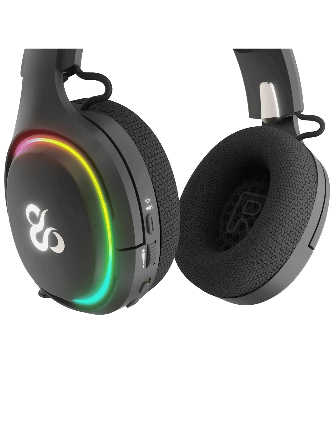 Auriculares para juegos negros con iluminación RGB. Cuenta con un logotipo en la orejera y botones de control. Las orejeras son acolchadas y grises.