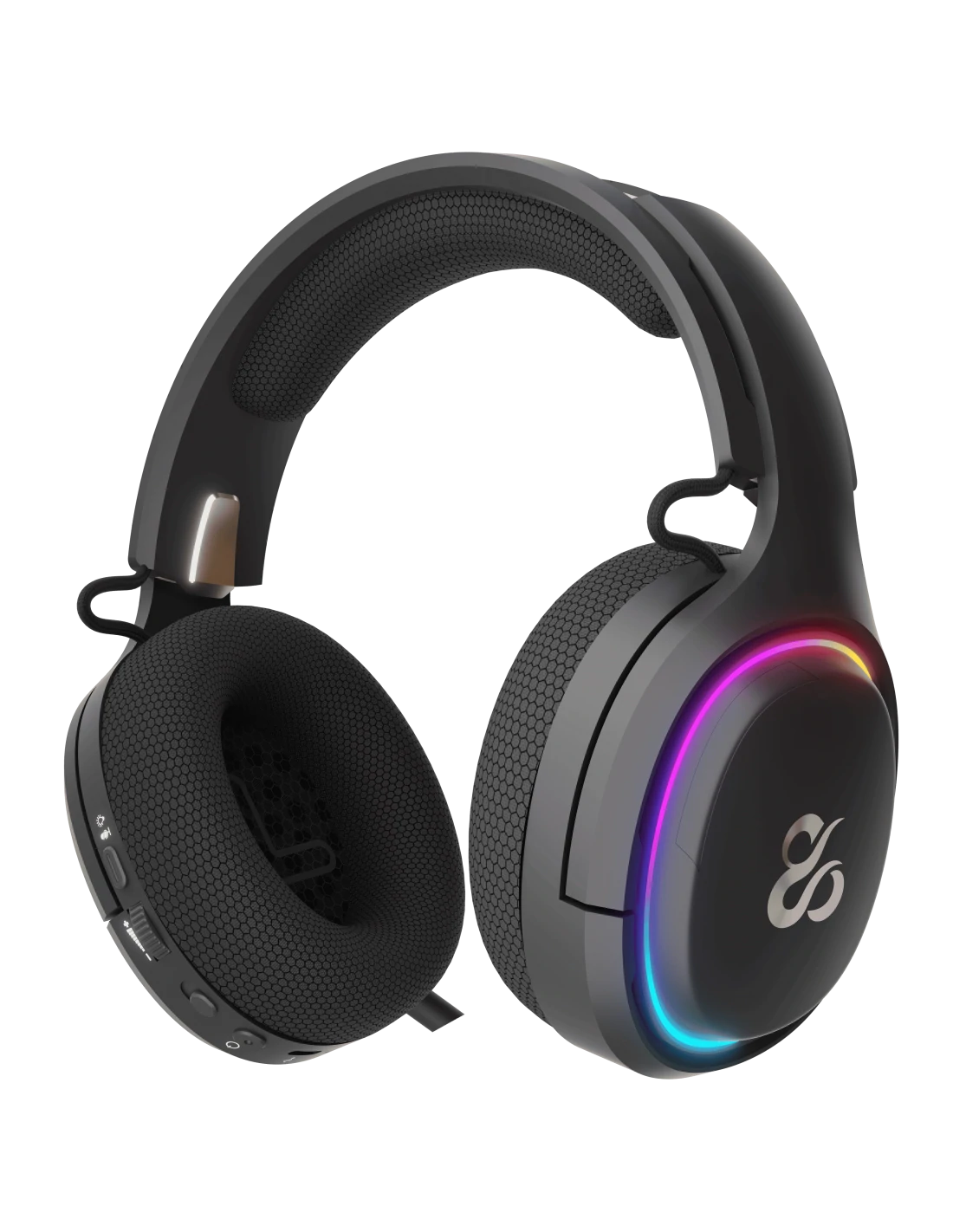 Auriculares gaming negros con luces RGB. Los auriculares tienen una diadema acolchada, auriculares con malla y controles de volumen.