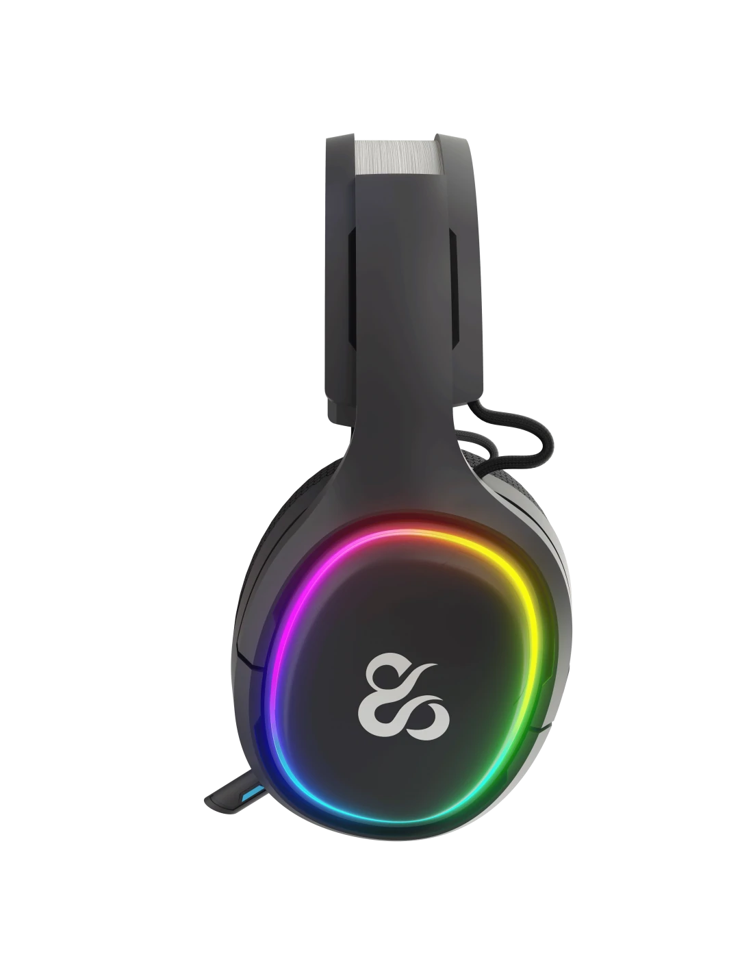 Auriculares gaming negros con un anillo LED arcoíris. Un logotipo blanco en la orejera. Cable negro adjunto.