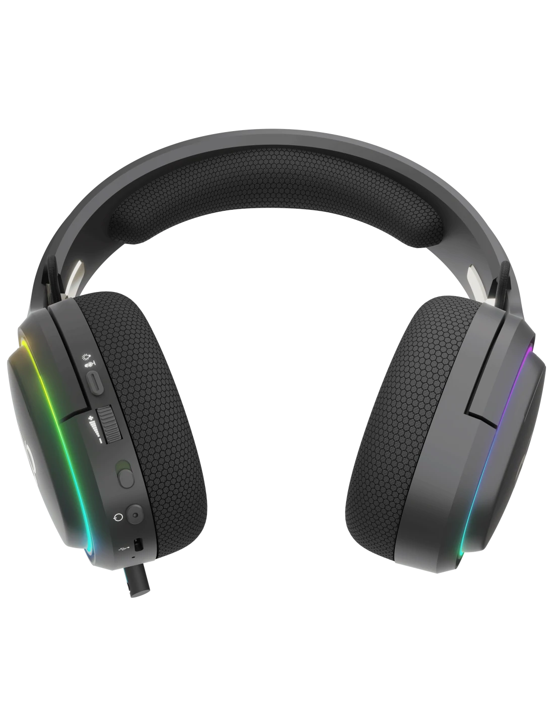Auriculares gaming negros con iluminación RGB en los auriculares. Cuenta con control de volumen, silencio del micrófono y diadema cómoda.