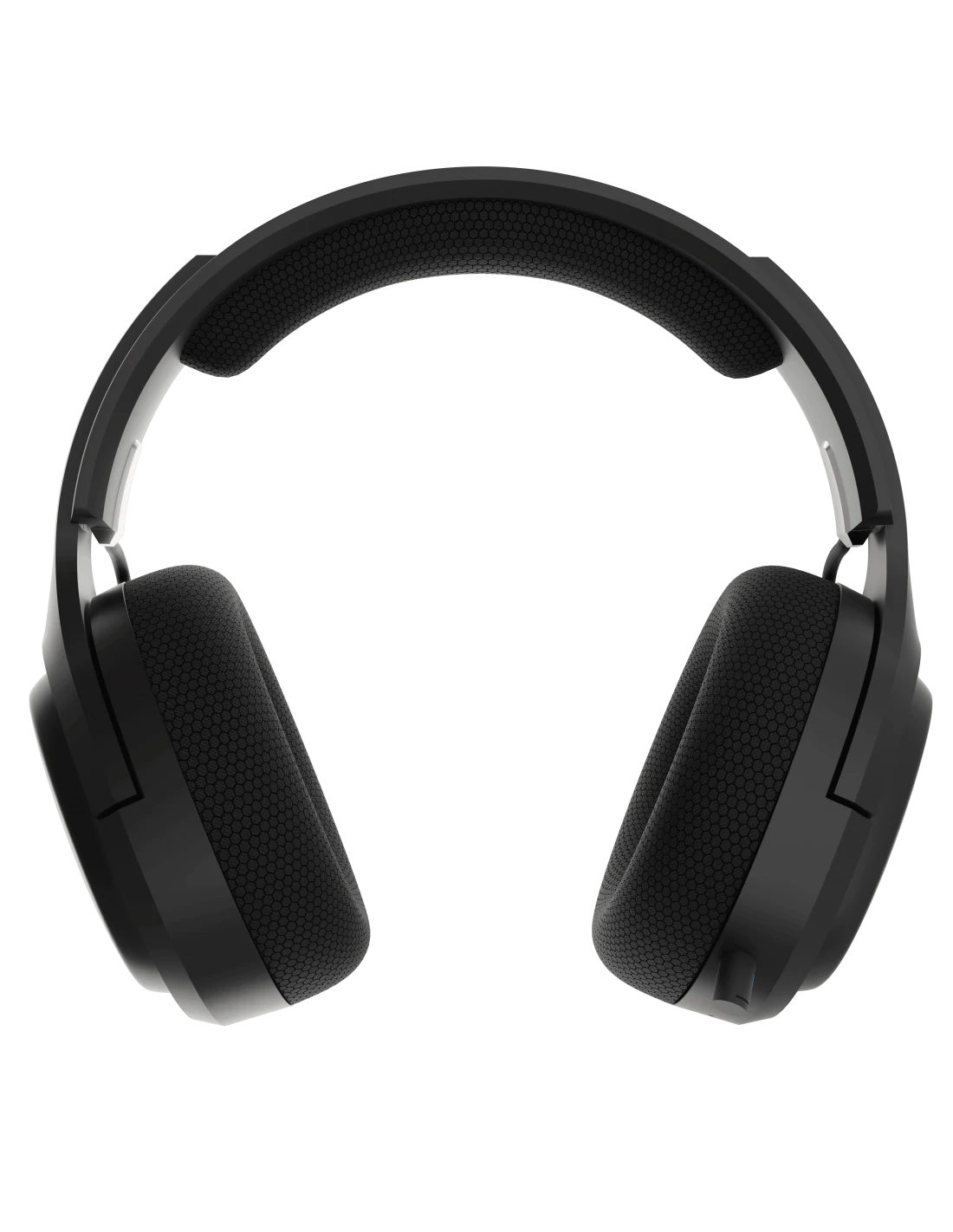 Auriculares de juego negros sobre fondo negro. Los auriculares tienen diadema acolchada y orejeras con patrón de panal.