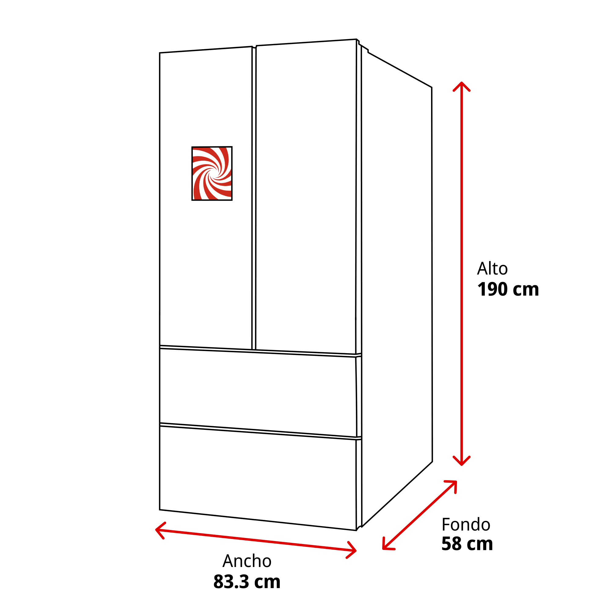 Un refrigerador blanco con dimensiones y un logo. Tiene dos puertas y dos cajones.