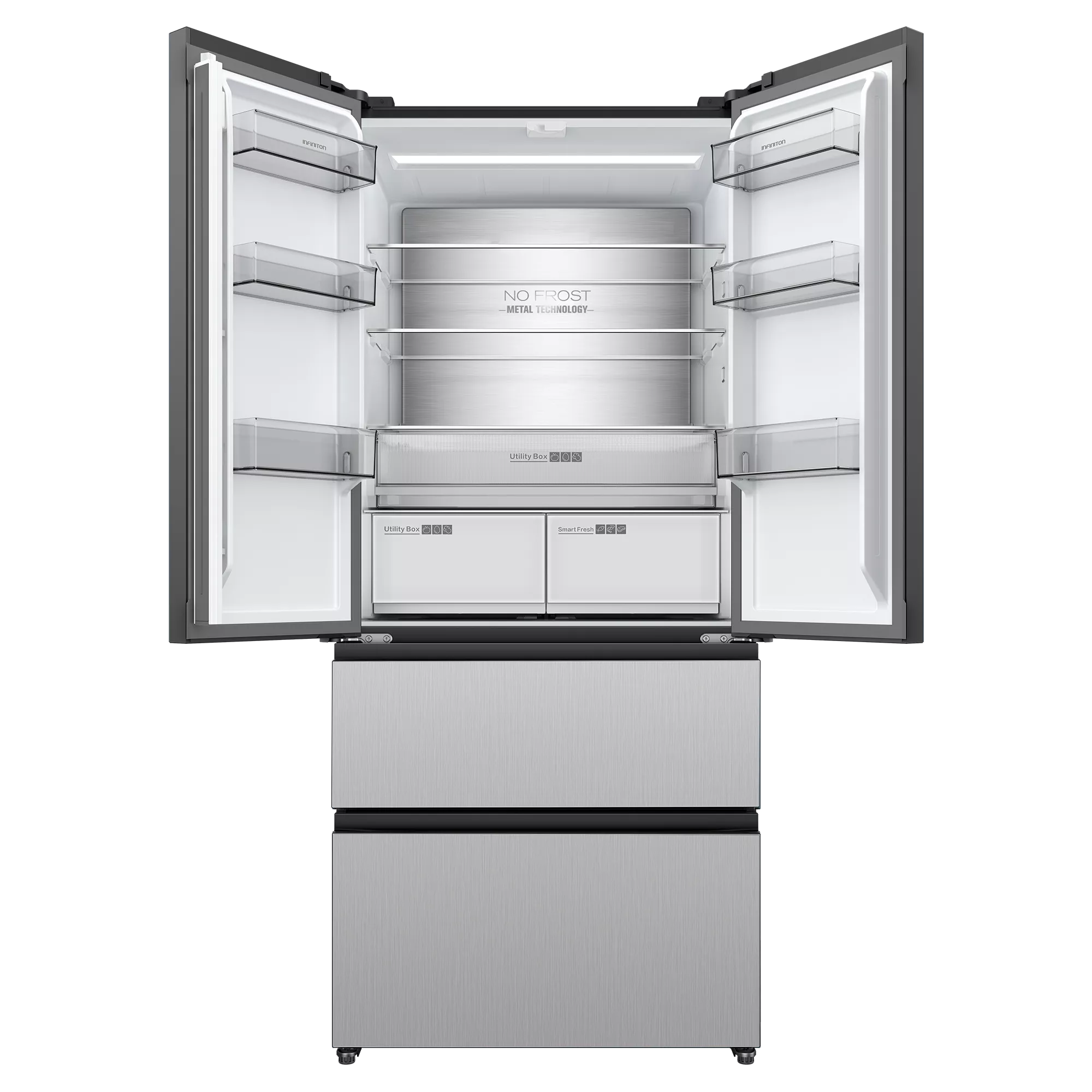 Refrigerador abierto que muestra estantes interiores, cajones y respaldo metálico. Puertas abiertas. Exterior plateado.