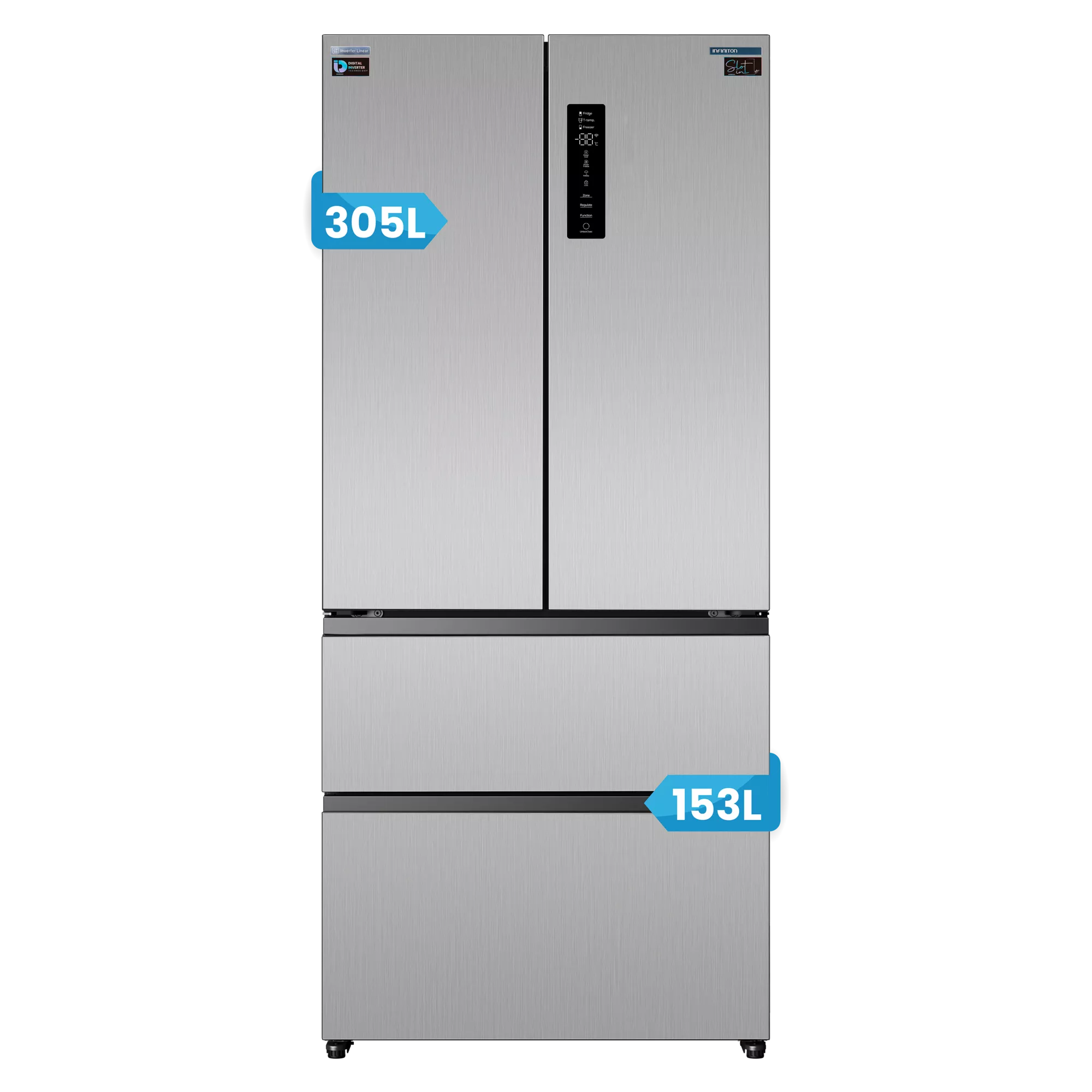 Un refrigerador de acero inoxidable con tres puertas. Tiene una pantalla digital y etiquetas de capacidad.