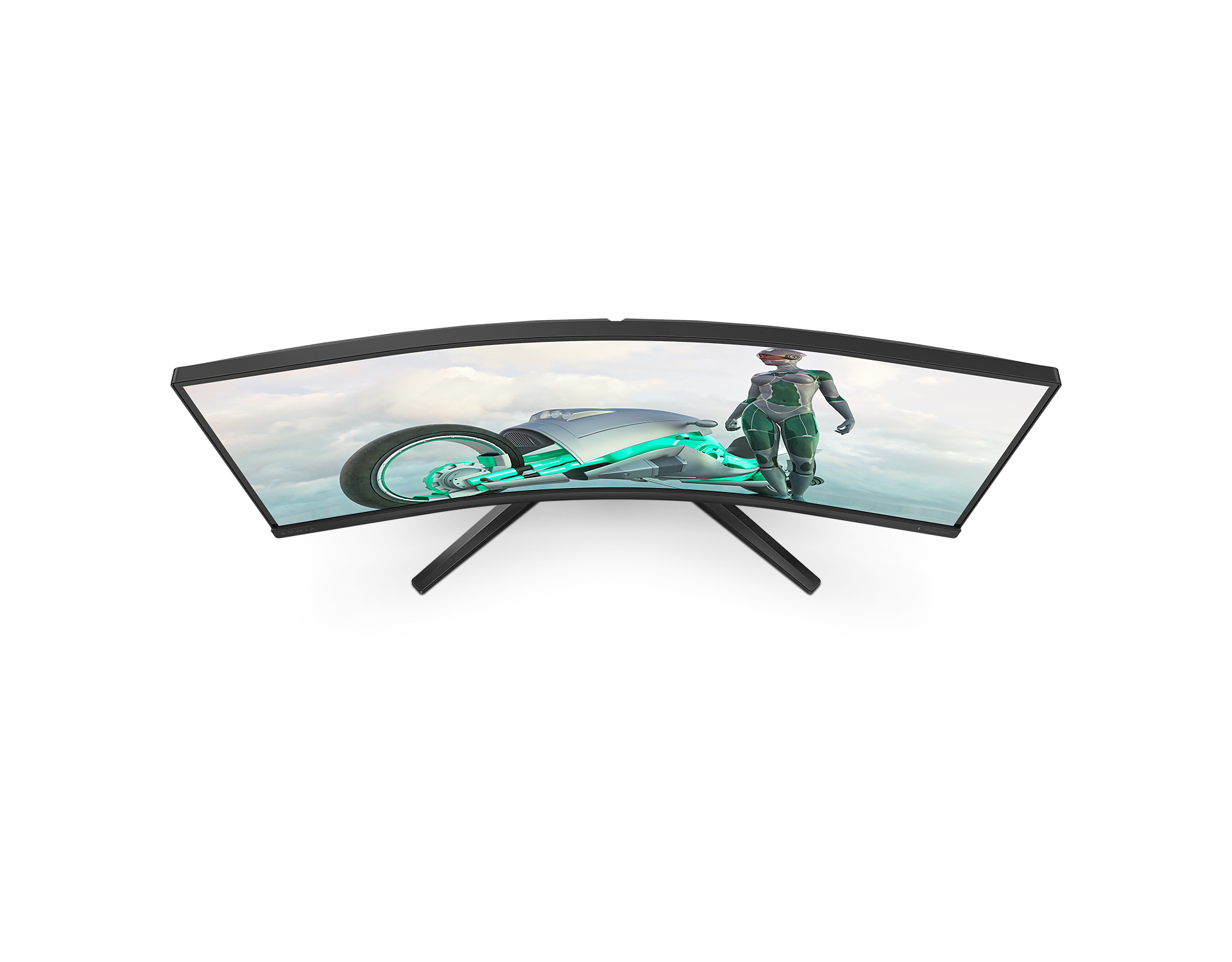 Un monitor futurista muestra una escena con un personaje de ciencia ficción y una motocicleta. El personaje está de pie junto a la moto contra un cielo nublado.
