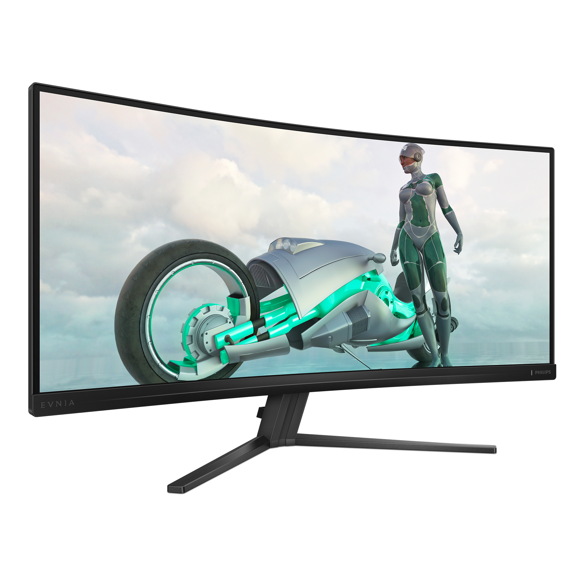 El monitor muestra una escena futurista: una motocicleta, una persona con traje y un cielo nublado.
