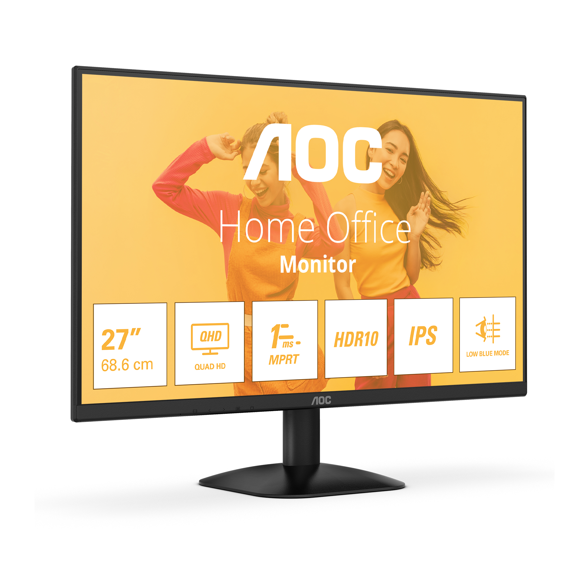 Monitor AOC con dos personas al fondo. Incluye tamaño, resolución y HDR10. Soporte negro. Fondo naranja.