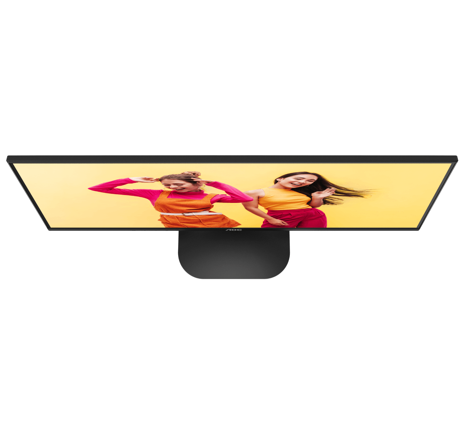 Un monitor de computadora negro muestra a dos mujeres con ropa colorida sobre un fondo amarillo. El monitor tiene un logotipo de AOC.