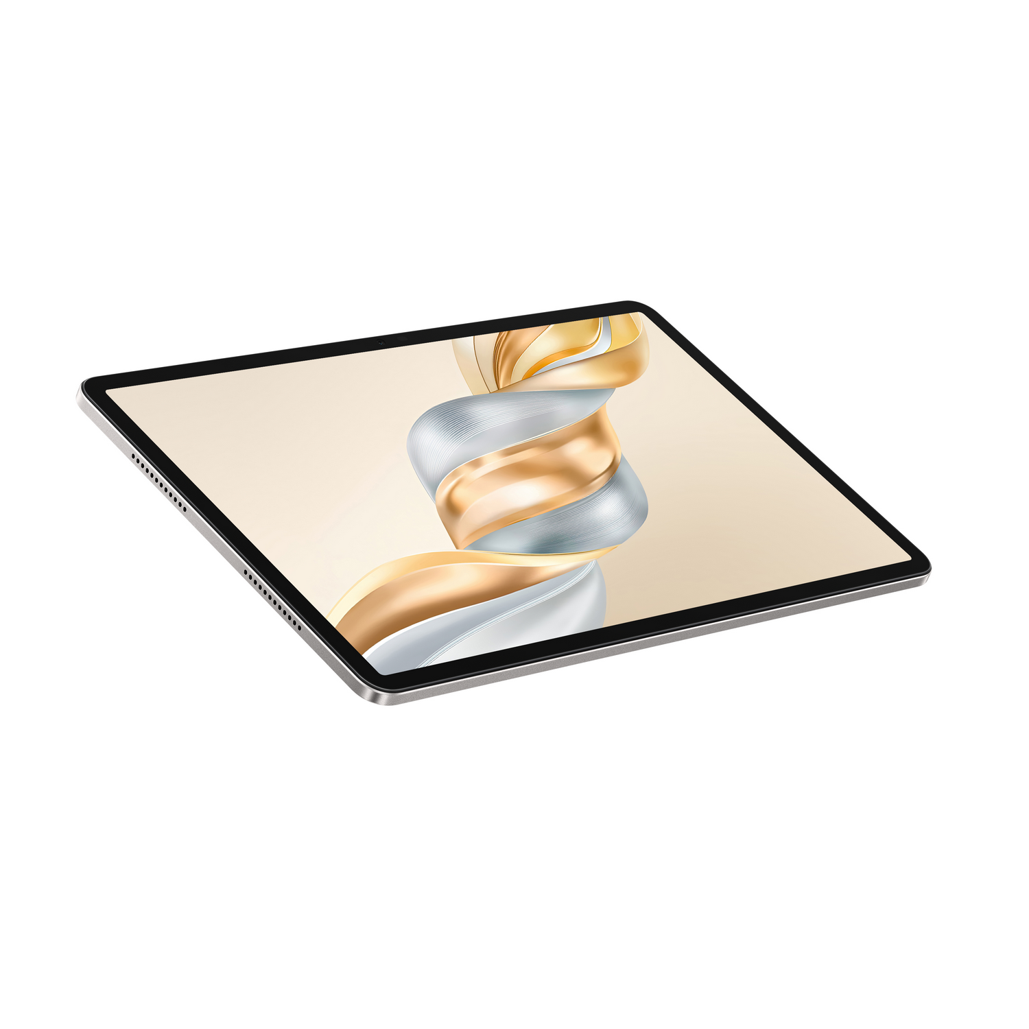 Tableta, marco plateado, borde negro, pantalla con diseño de remolino dorado, plateado y crema, aislado sobre fondo blanco.