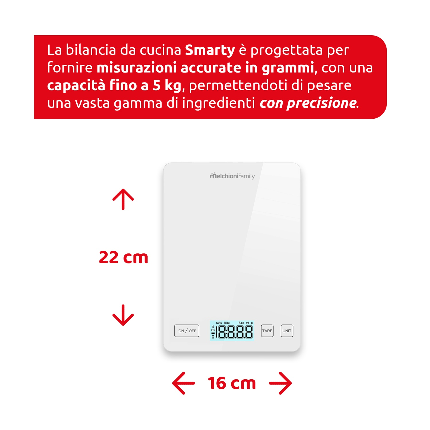 Bilancia da cucina bianca con display digitale. Il testo rosso in alto indica che misura accuratamente in grammi, fino a 5 kg.