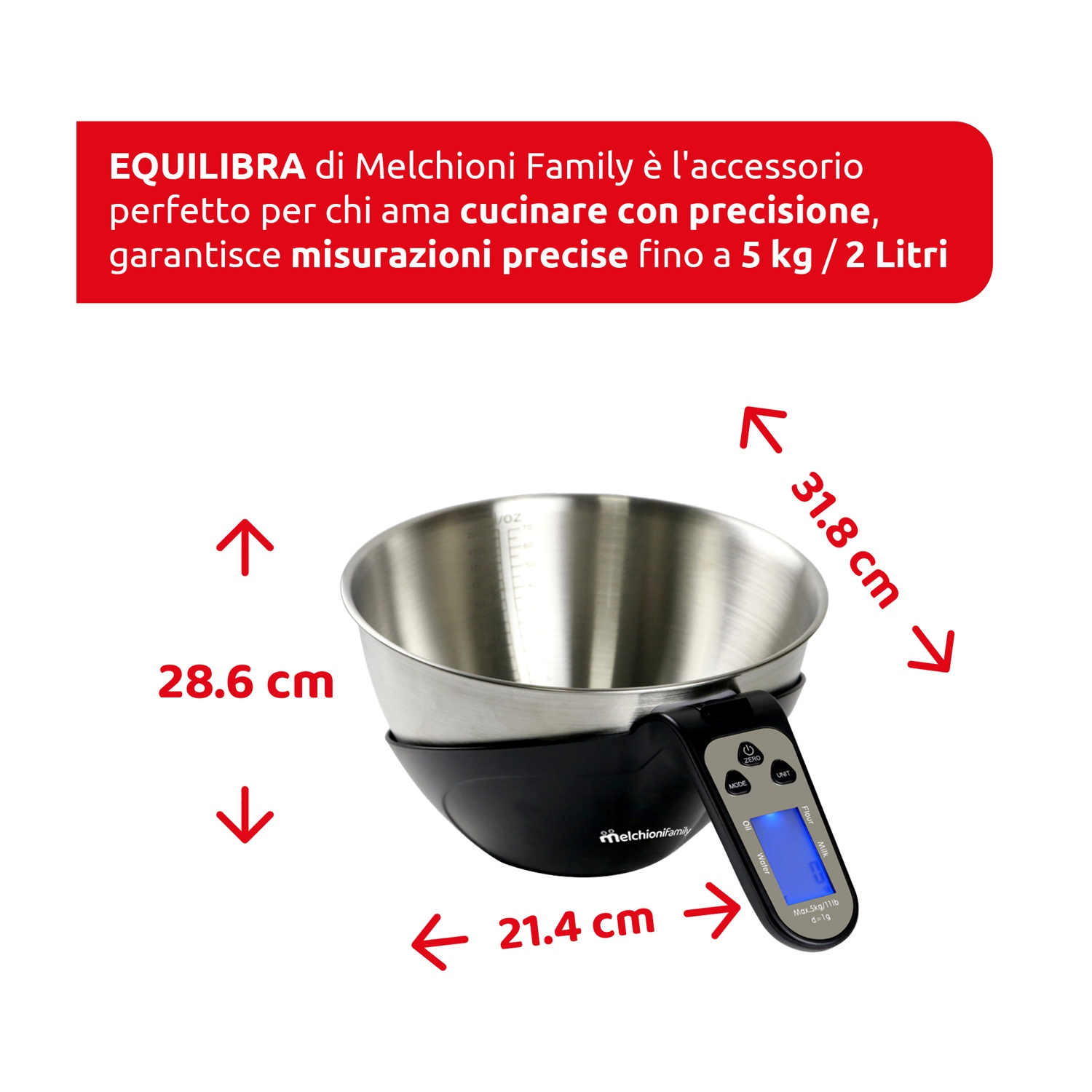 Una bilancia da cucina con ciotola in acciaio inox e display digitale. Misura fino a 5 kg/2 L. Testo rosso sovrapposto dice 'EQUILIBRA'.