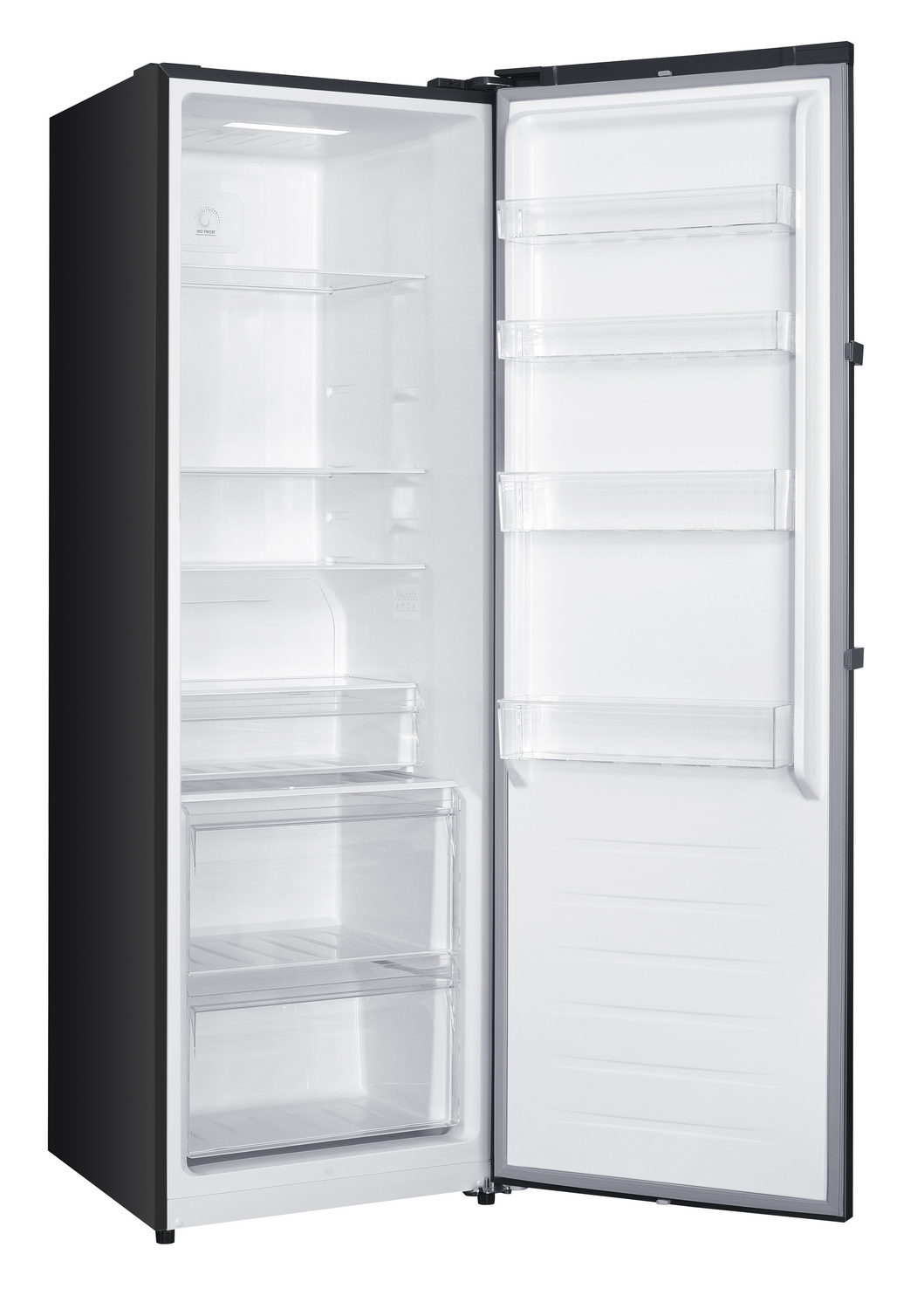 Refrigerador negro abierto. Interior con estantes, cajones y paredes blancas. La puerta está abierta.