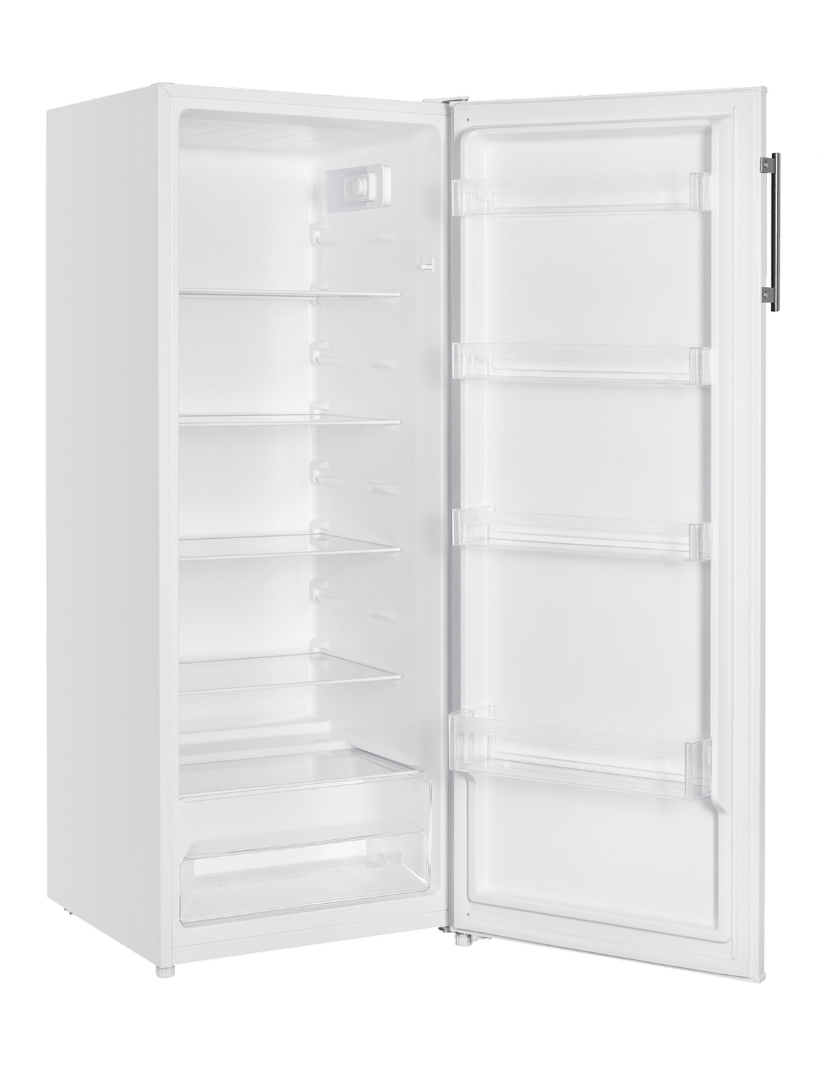 Un refrigerador blanco con la puerta abierta, revelando estantes vacíos y un cajón transparente. El fondo es un degradado gris.