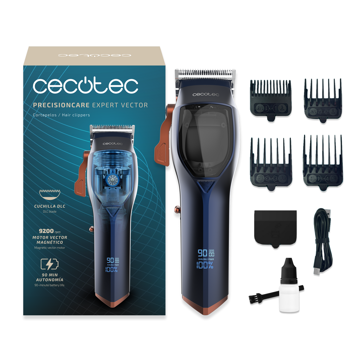Un juego de cortapelos de precisión con accesorios. Incluye la cortadora, caja, protectores, aceite y cable de carga.