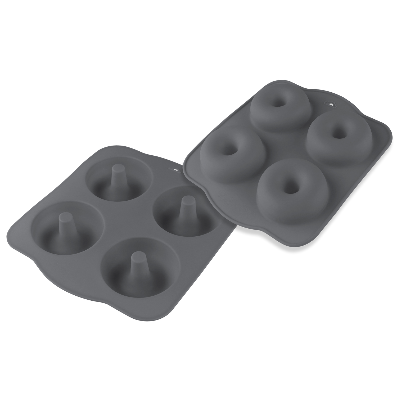 Dos moldes grises de silicona para rosquillas sobre un fondo gris. Un molde tiene 4 rosquillas, otro tiene 4 cavidades.