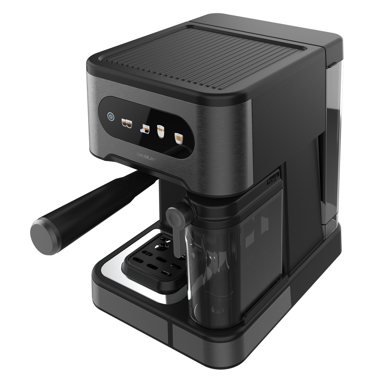 Una máquina de espresso negra y metálica. Características: portafiltro, depósito de agua y panel de control con iconos iluminados.