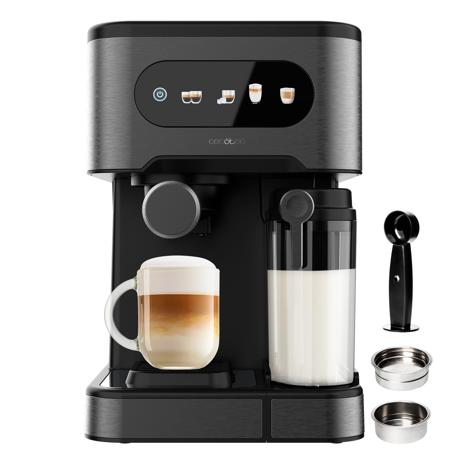 Máquina de espresso negra con un latte en una taza de vidrio. También se muestran un recipiente de leche y accesorios.