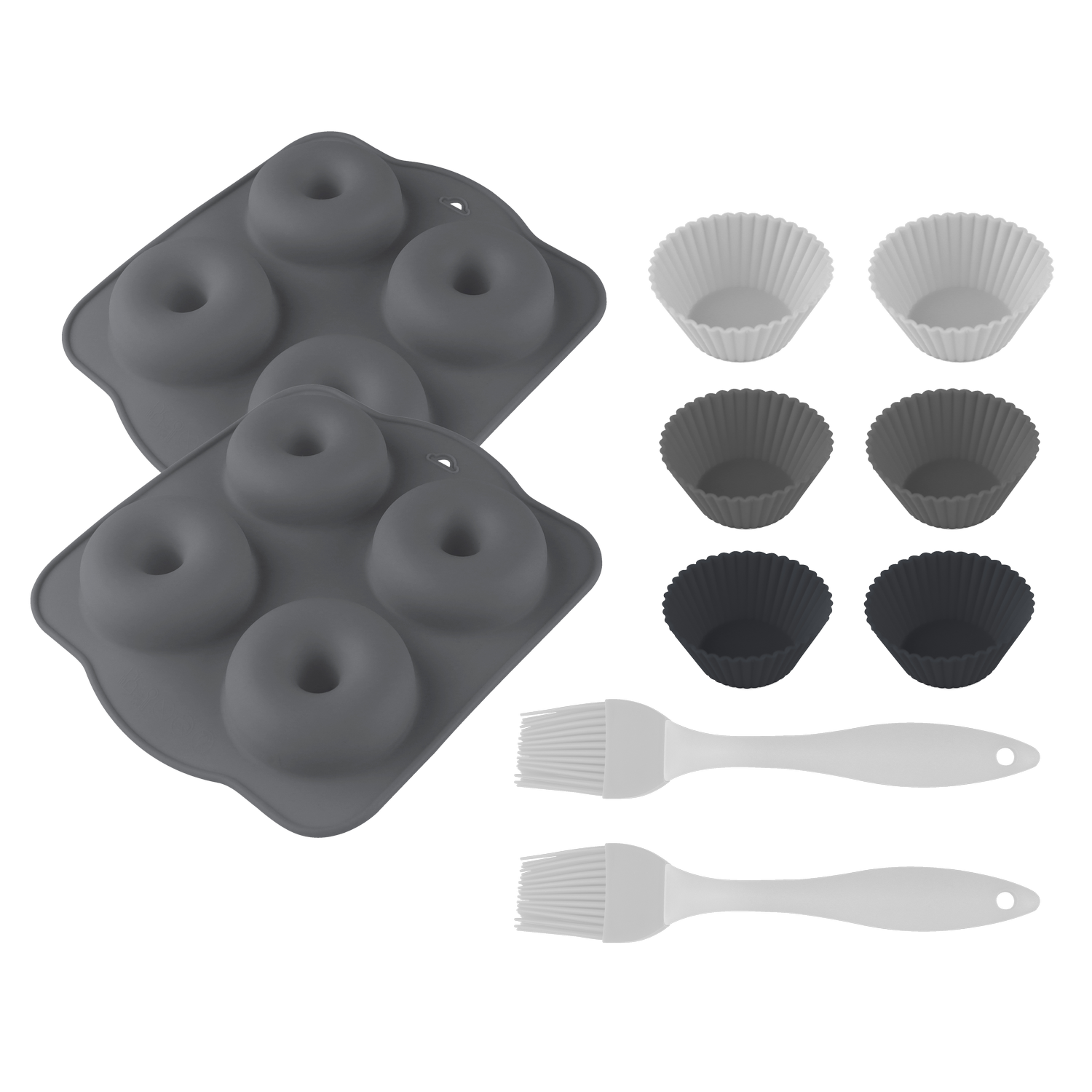 La imagen muestra moldes para donas, moldes para magdalenas y brochas de repostería sobre un fondo gris. Hay varios colores y tamaños.