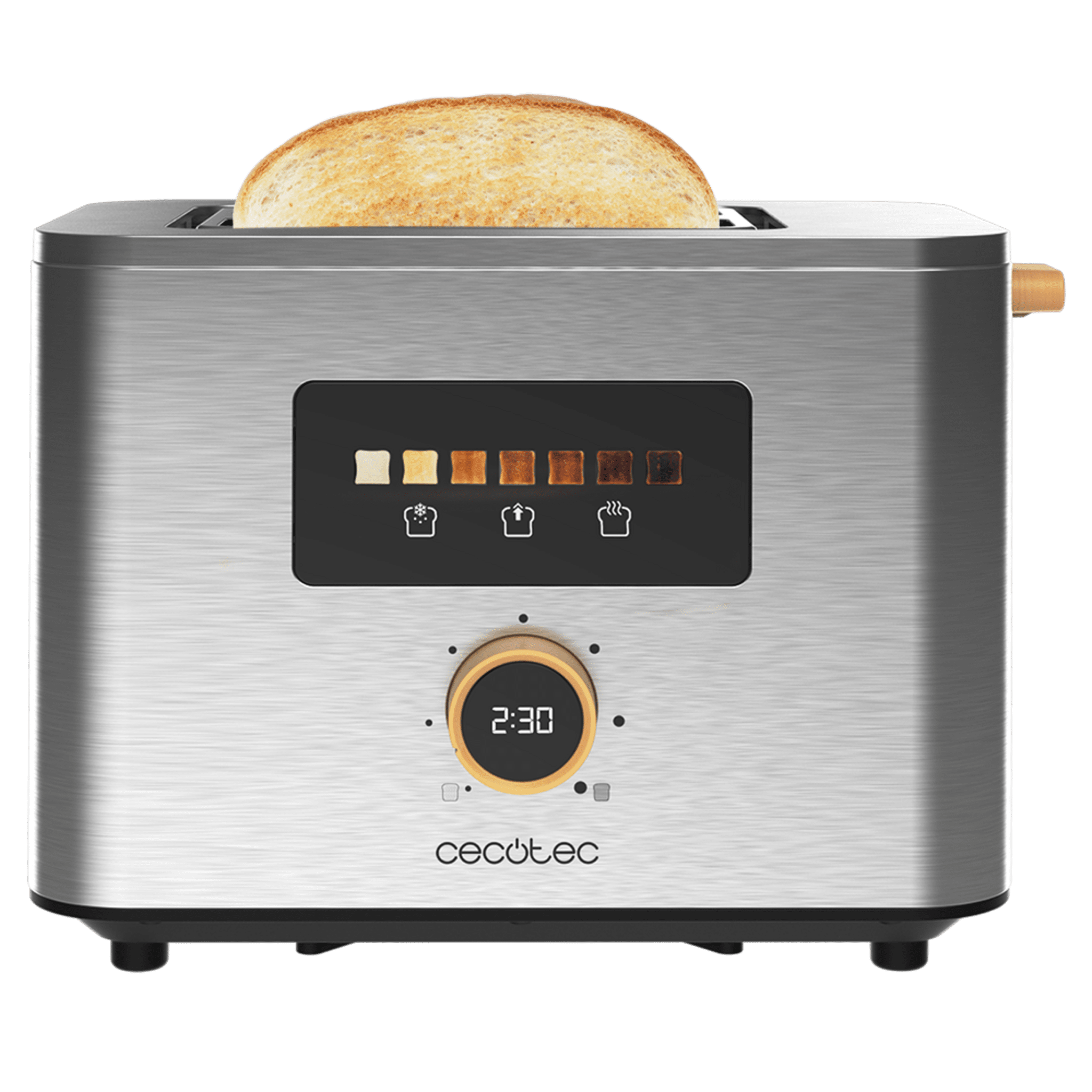 Una tostadora de acero inoxidable con una rebanada de pan tostado. Cuenta con temporizador y niveles de tostado.