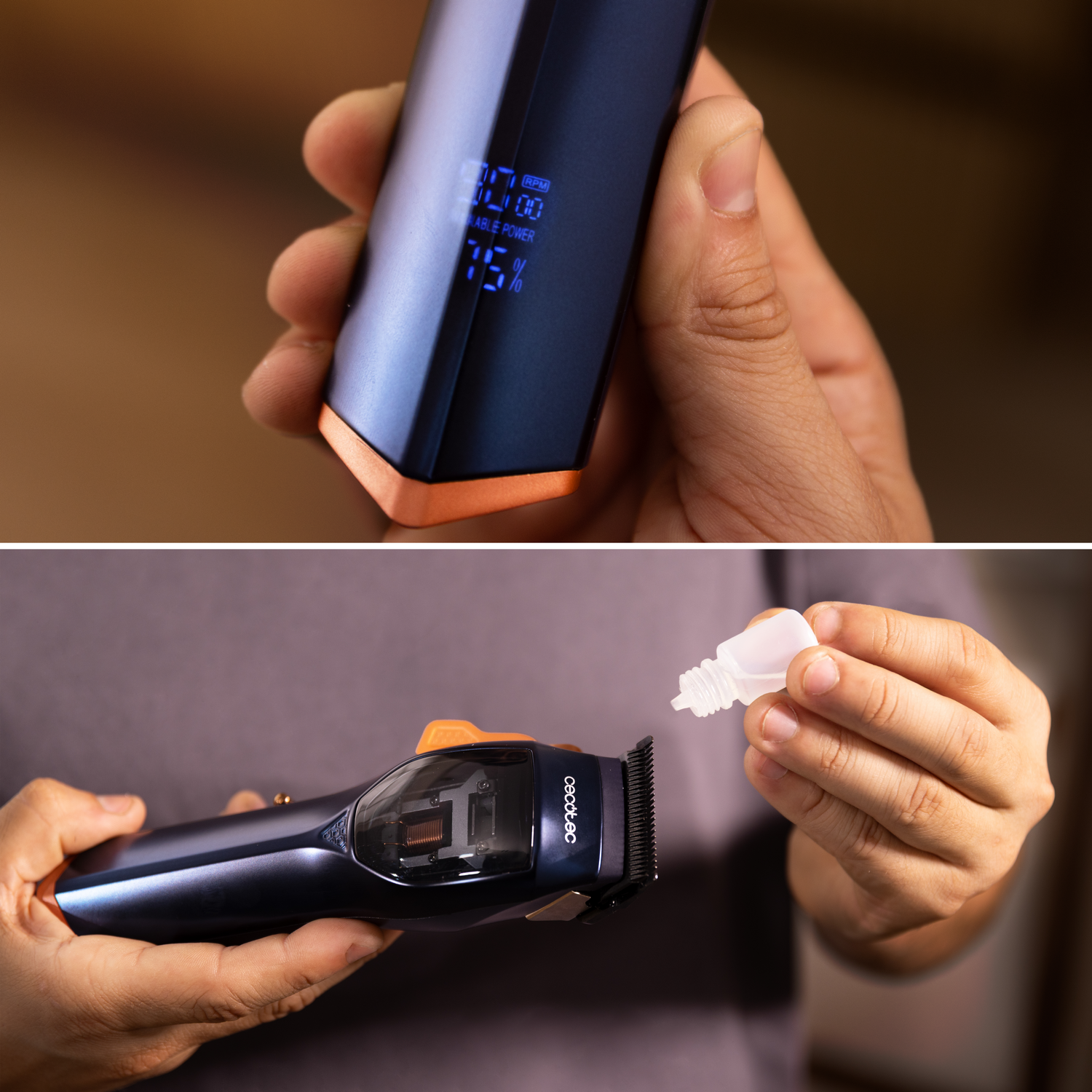 Una persona sosteniendo una recortadora azul y naranja, mostrando el nivel de energía. Otra imagen muestra aceite aplicándose al cabezal de la recortadora.