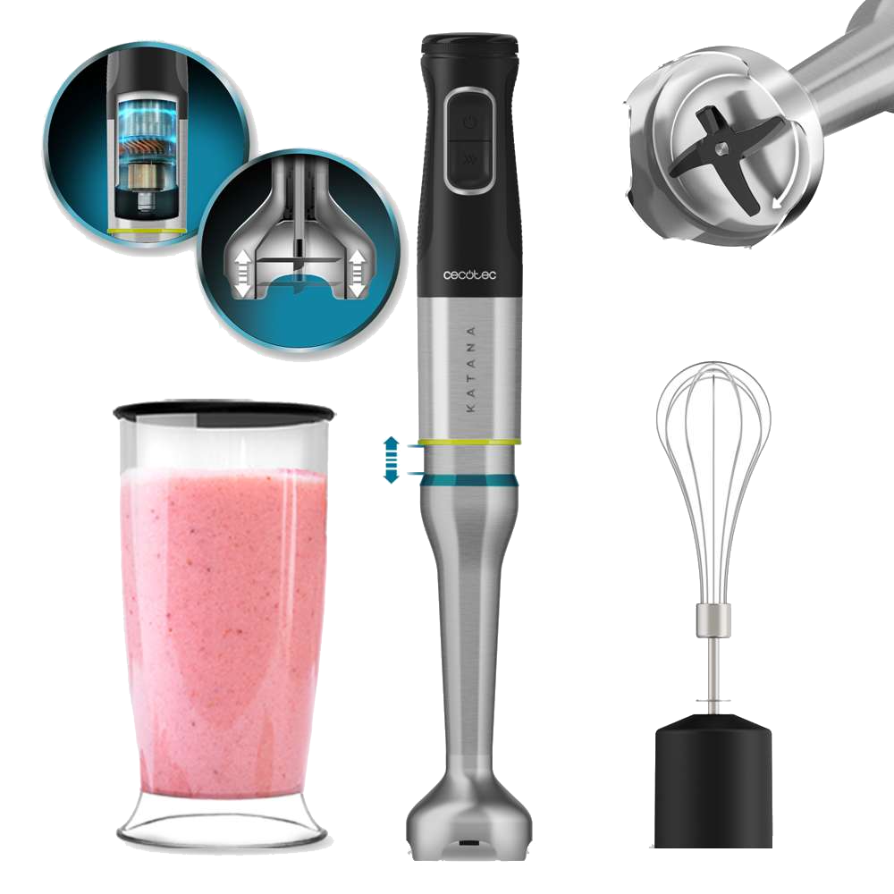 Una batidora de inmersión con accesorios, un vaso de batido rosa y primeros planos que muestran las piezas y funciones de la batidora.
