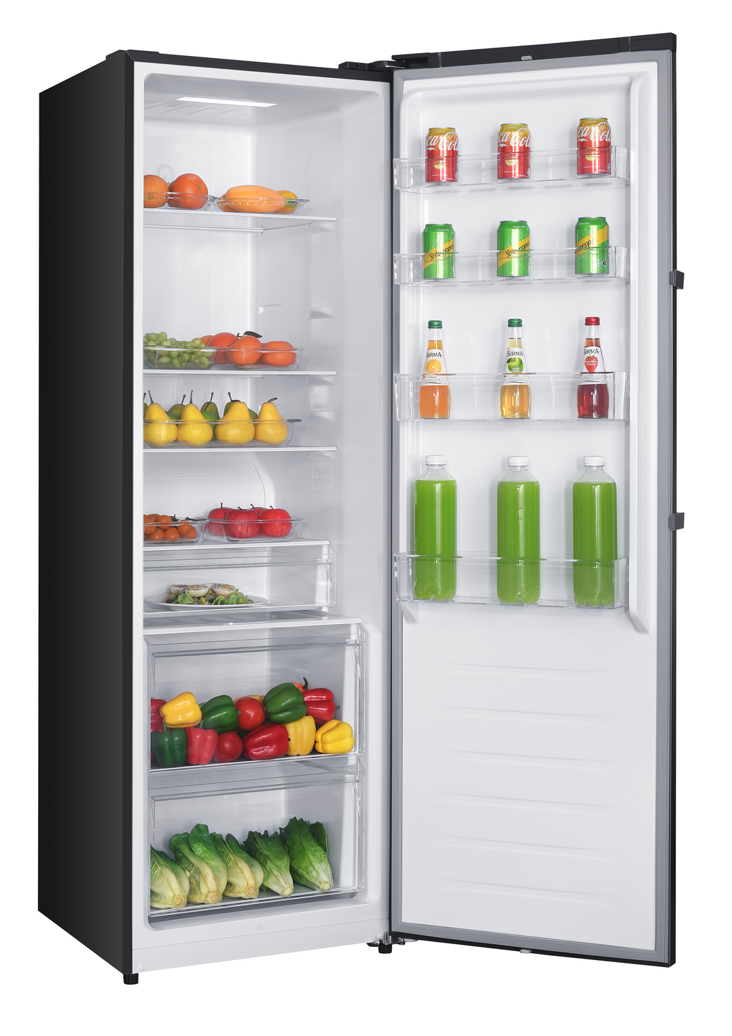 Refrigerador abierto lleno de frutas, verduras, bebidas y latas. El refrigerador es negro y el interior blanco.