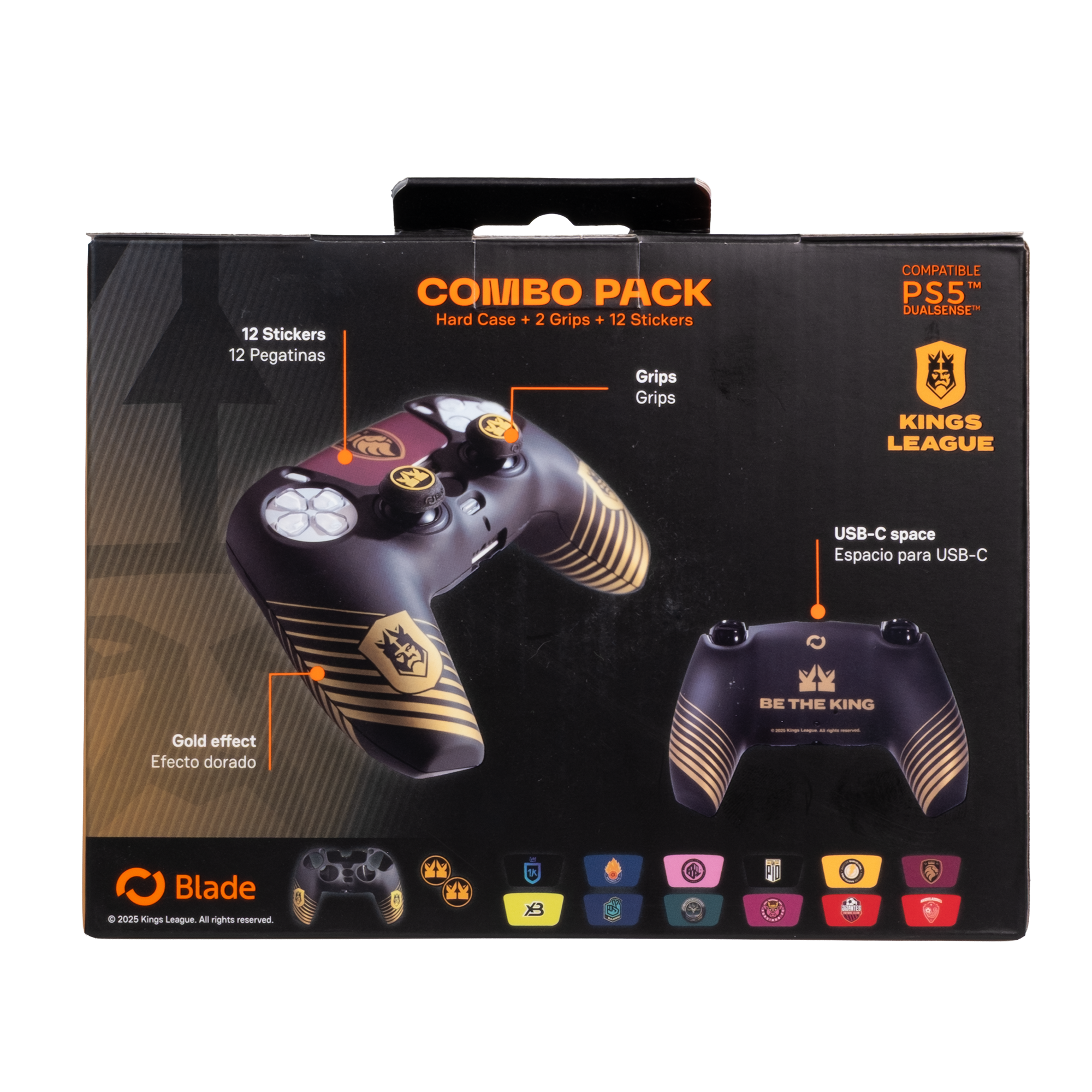 Caja de un pack combo para mando PS5. Contiene mando, agarres, pegatinas y marca Kings League.